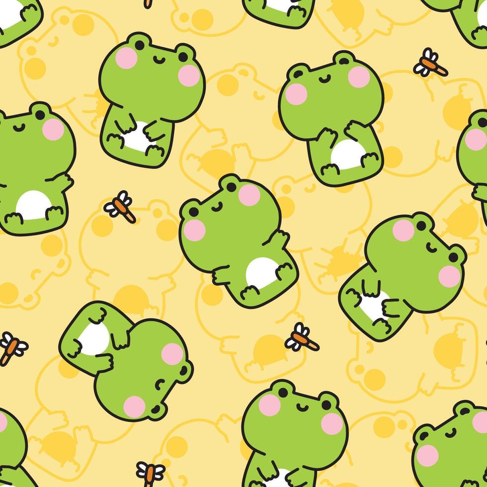 Seamless pattern of cute frog sit poses with dragonfly on line hand drawn background.Reptile animal character cartoon design.Image for card,poster,baby clothing.Kawaii.Illustration. vector