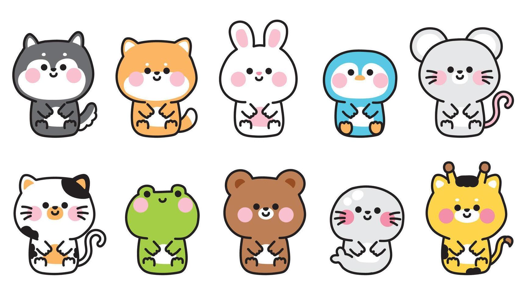 Set of cute smile face animals sit on white background.Zoo.Dog,rabbit,frog,penguin,bear hand drawn.Animal character cartoon.Kawaii.Illustration. vector