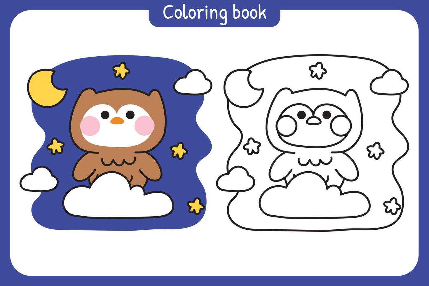 Coloring book.Painting book for kid.School.Page.Cute owl stay on cloud at night sky background.Moon.Star.Wild animal character cartoon design.Kawaii.Illustration. vector