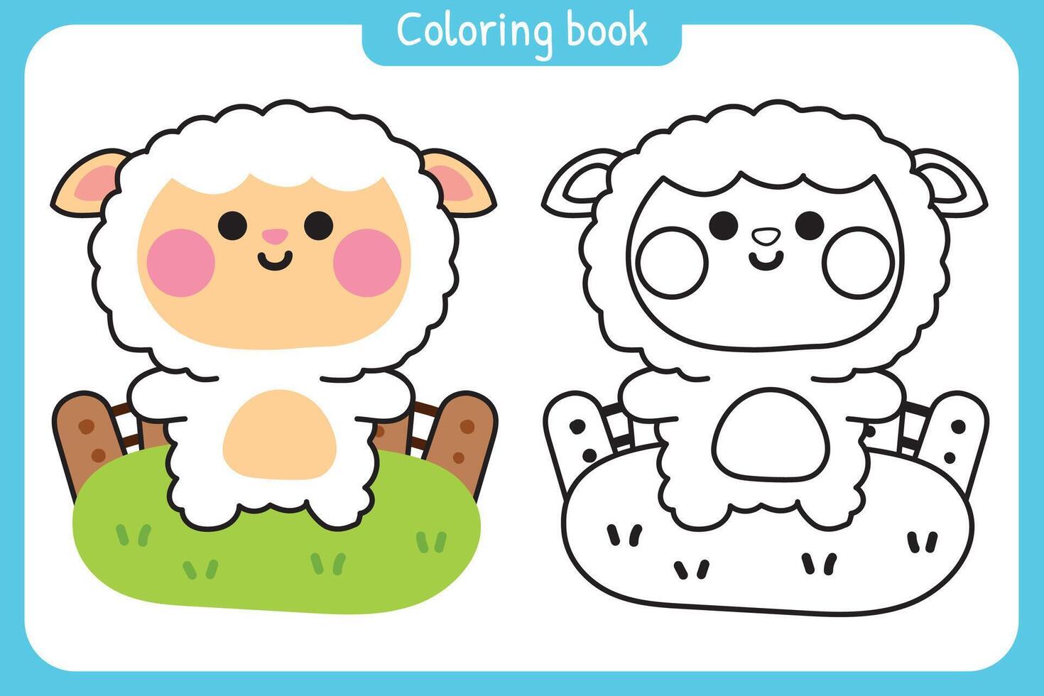 Coloring book.Painting book for kid.School.Page.Cute sheep stand on grass wooden fence.Farm animal character cartoon design.Kawaii.Illustration. vector