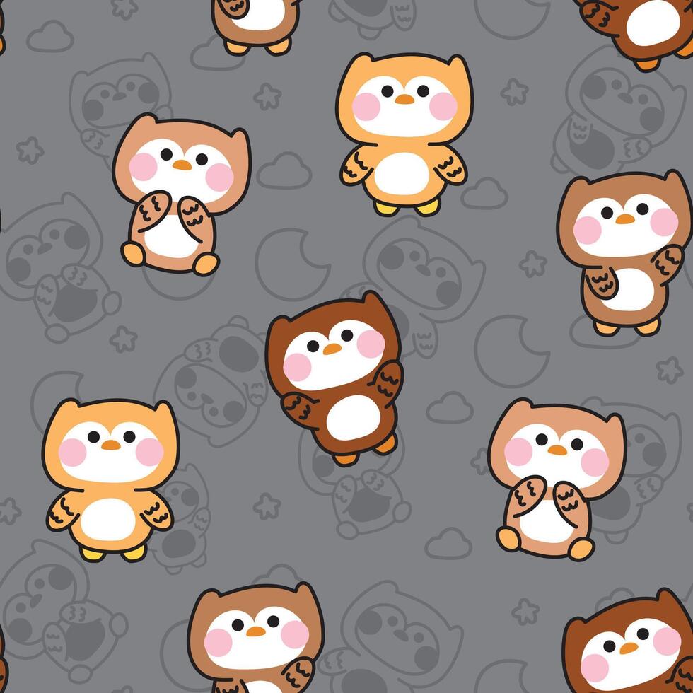 Seamless pattern of cute owl in various poses on line hand drawn night sky background.Moon.Star.Bird animal character cartoon design.Kawaii.Illustration. vector