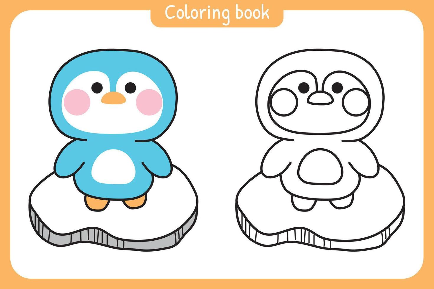 Coloring book.Painting book for kid.School.Page.Cute penguin stand on ice.Winter.North pole.Bird animal character cartoon design.Kawaii.Illustration. vector