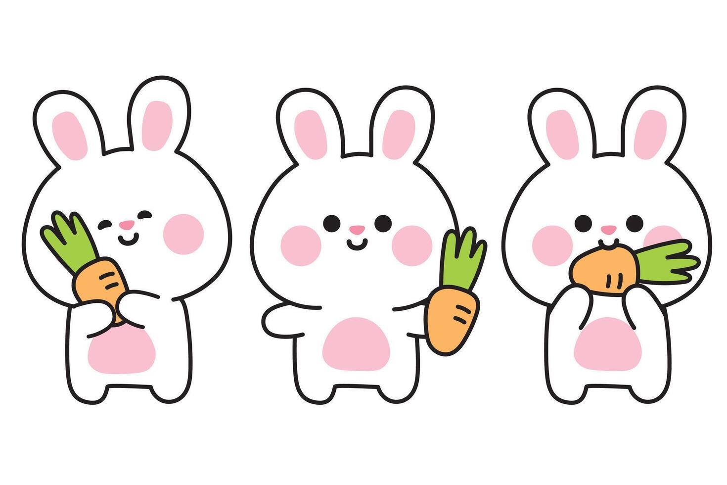 Set of cute rabbit with carrot in various poses on white background.Easter.Bunny.Rodent animal character cartoon design.Kawaii.Illustration. vector