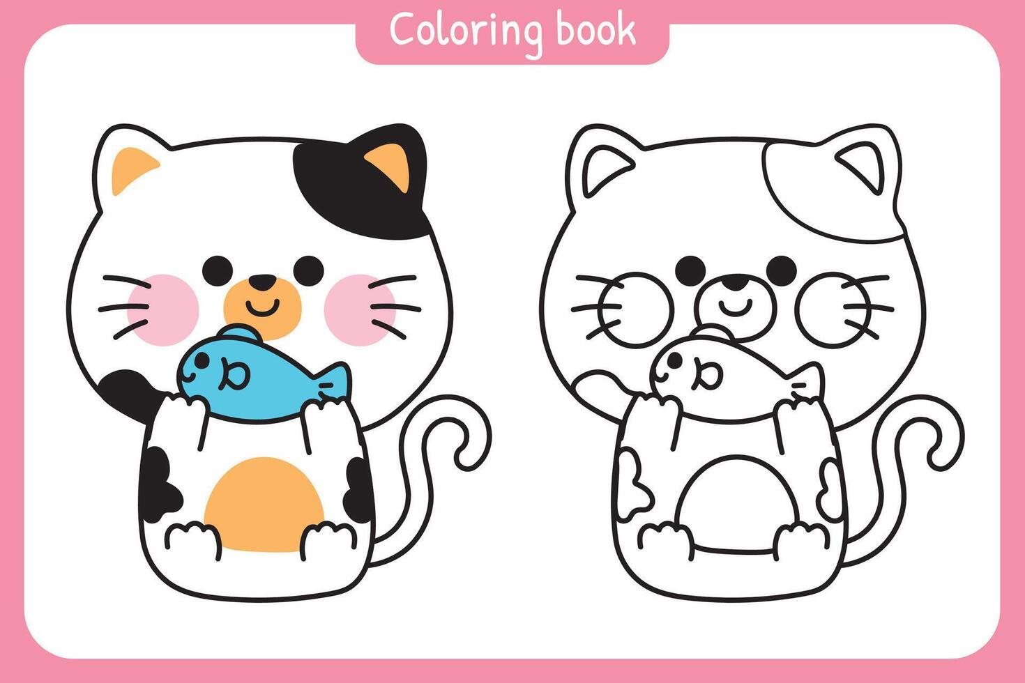Coloring book.Painting book for kid.School.Page.Cute cat with fish sit on white background.Kitten.Meow.Pet animal character cartoon design.Kawaii.Illustration. vector