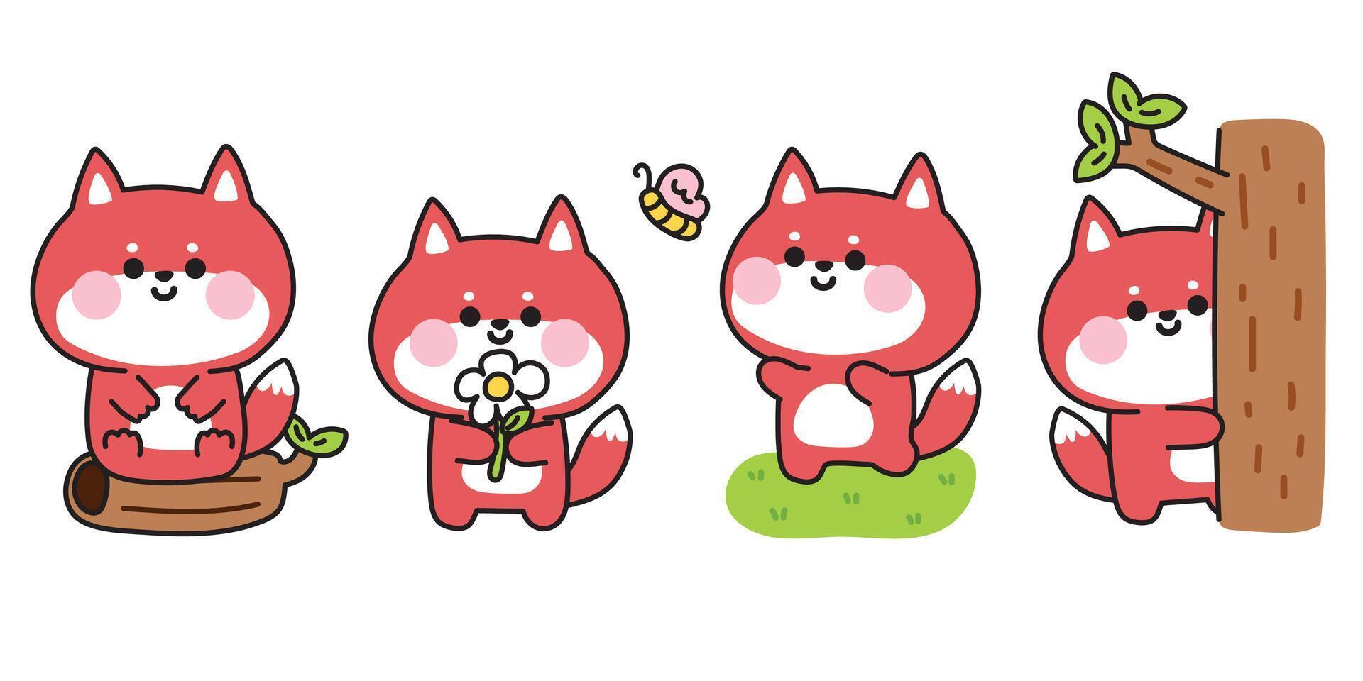 Set of cute fox in various poses.Wild animal character cartoon design.Tree,flower,butterfly,wood hand drawn.Kawaii.Illustration. vector