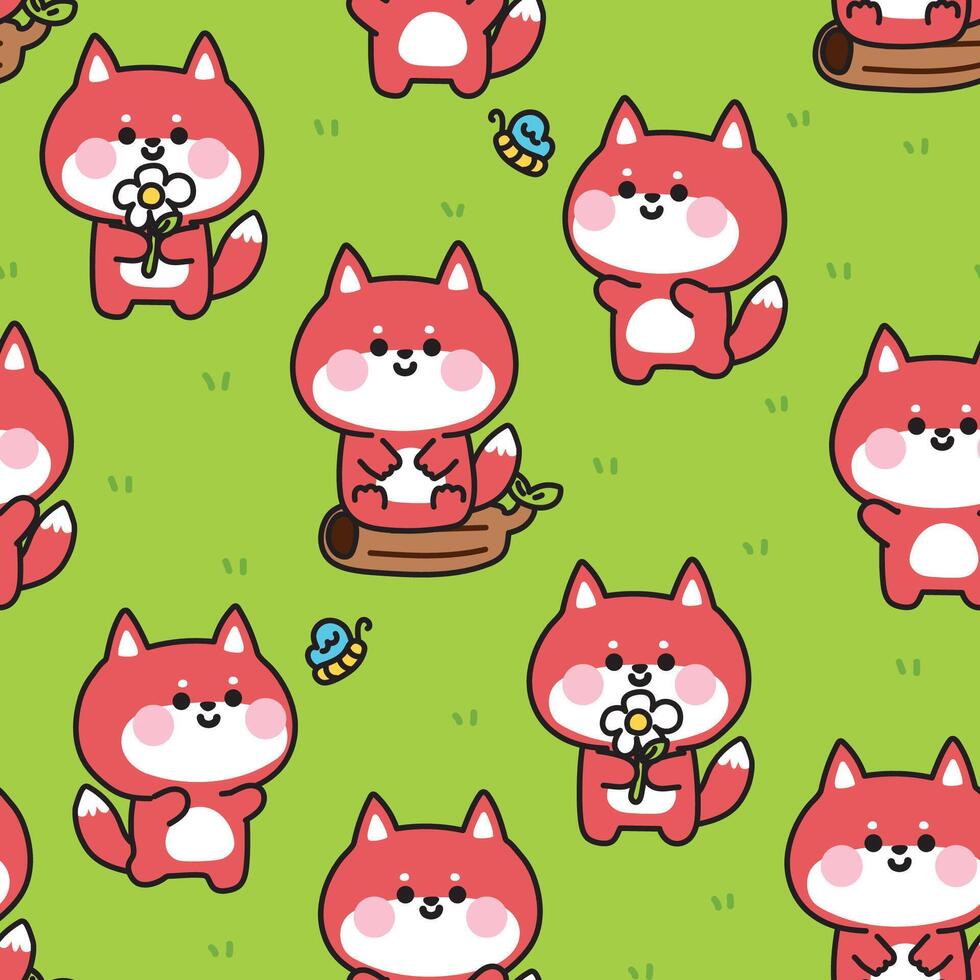 Seamless pattern of cute fox in various poses on grass.Jungle.Wild animal character cartoon design.Flower,butterfly,wood hand drawn.Kawaii.Illustration. vector
