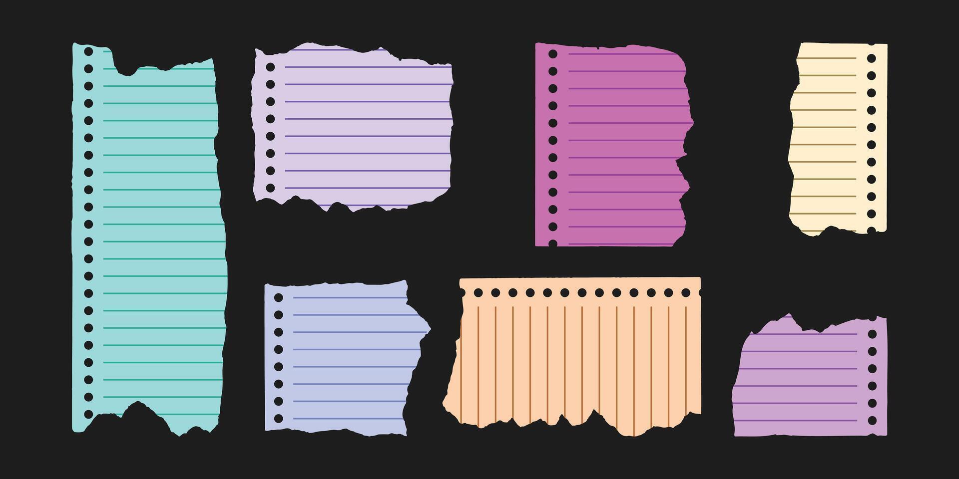 Ripped colorful lined paper set. Planner sheets bundle. vector