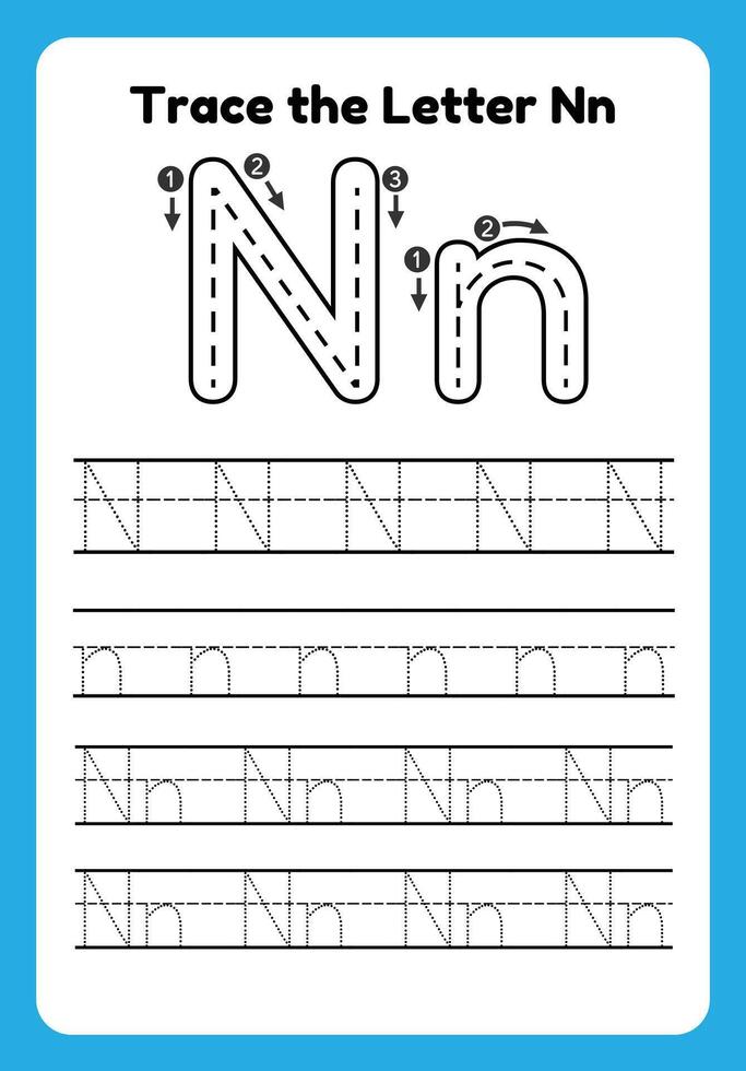 Letter N Hand Drawn Practice Worksheets for kids vector