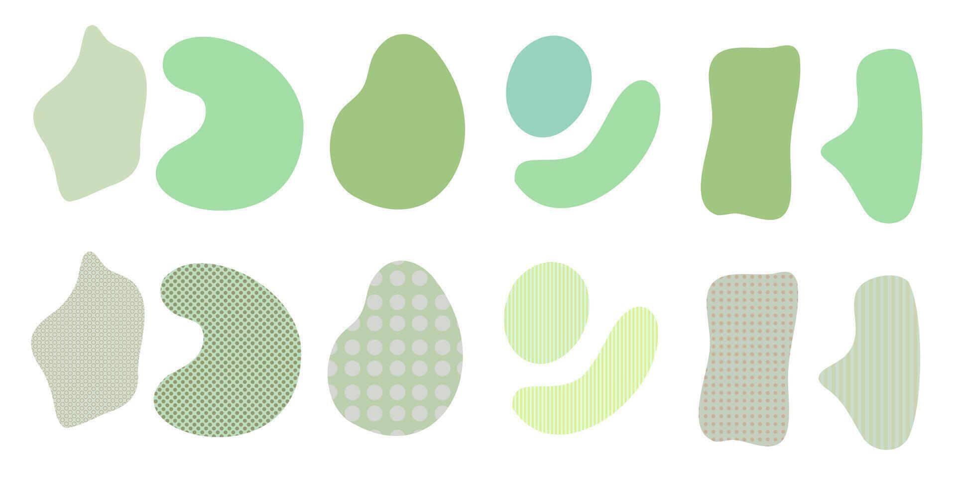 Set of organic irregular green blob shapes with polka dot, line textures Random deform spot fluid circle Isolated white background Organic amoeba doodle drop Retro elements. illustration vector