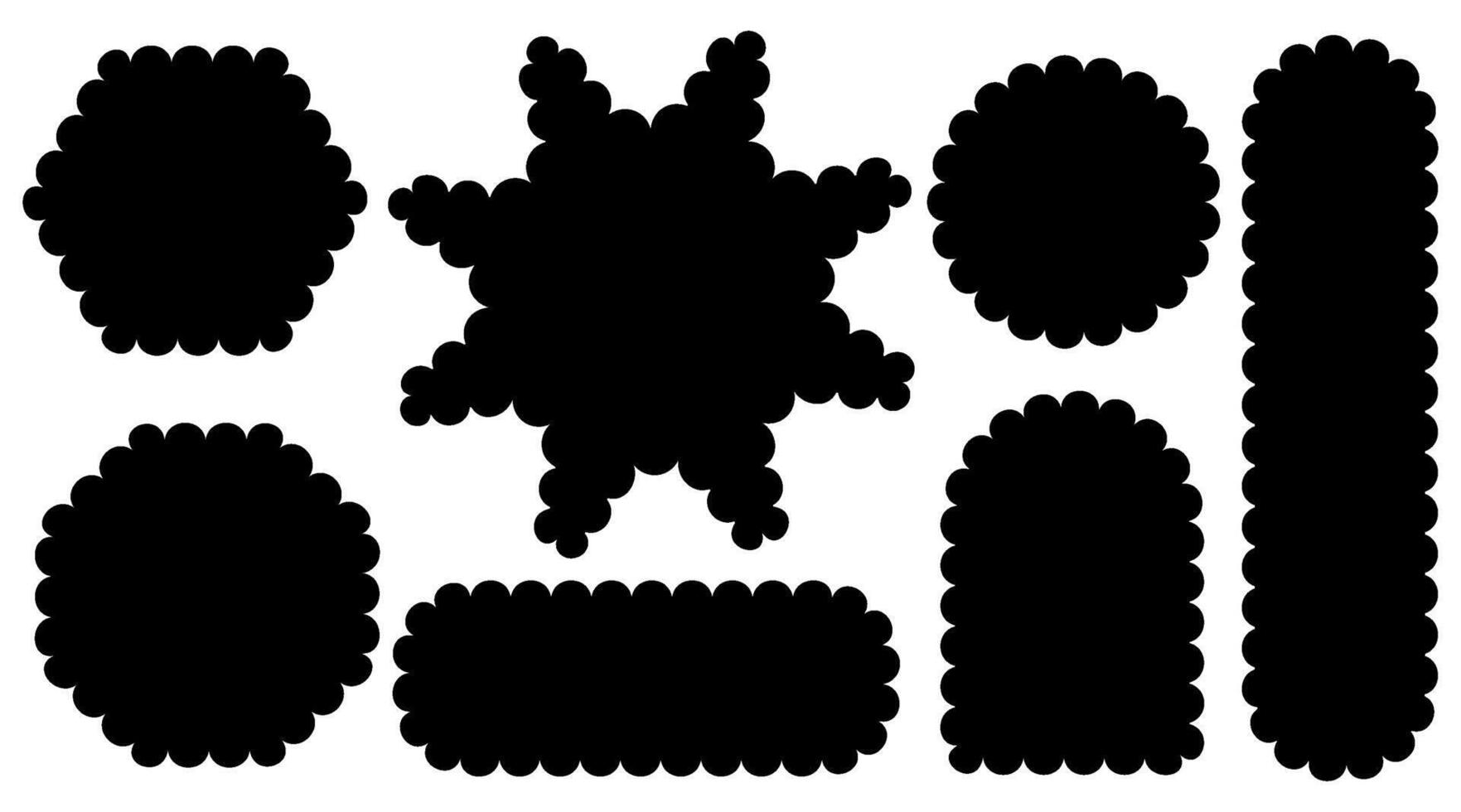 Set of scallop edge frames black shapes isolated on white background. Zigzag wavy forms Square, rectangle, circle, oval border Decorative collection Abstract design tag, stickers illustrations. vector