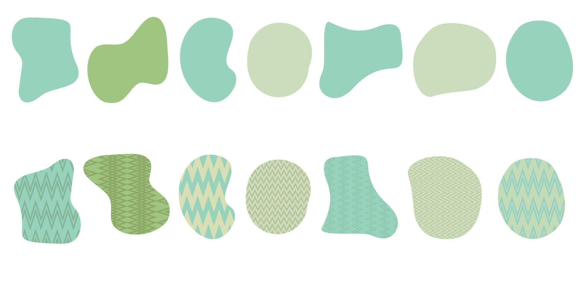 Set of organic irregular green blob shapes with chevron textures Random deform spot fluid circle Isolated on white background. Organic amoeba doodle drop Retro elements. illustration vector