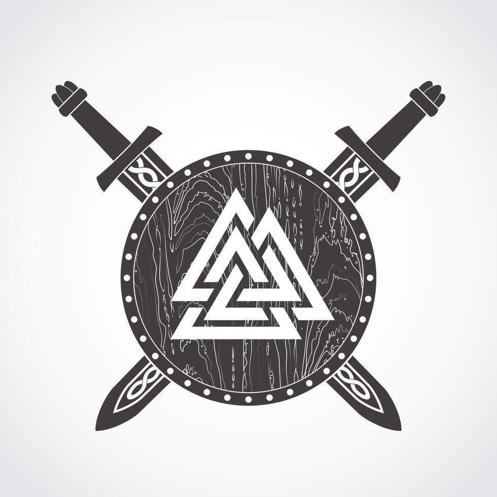viking arms with valknut symbol shield and swords vector