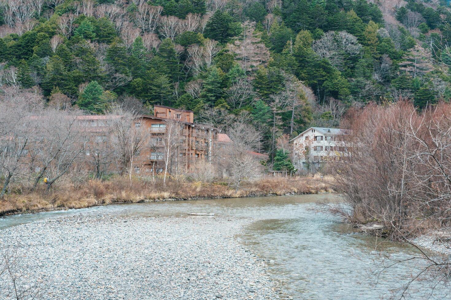 Scene of Kamikochi National Park, Hotaka mountain and Azusa river, Nagano Prefecture, Japan. Landmark for tourists attraction. Japan Travel, Destination and Vacation concept photo