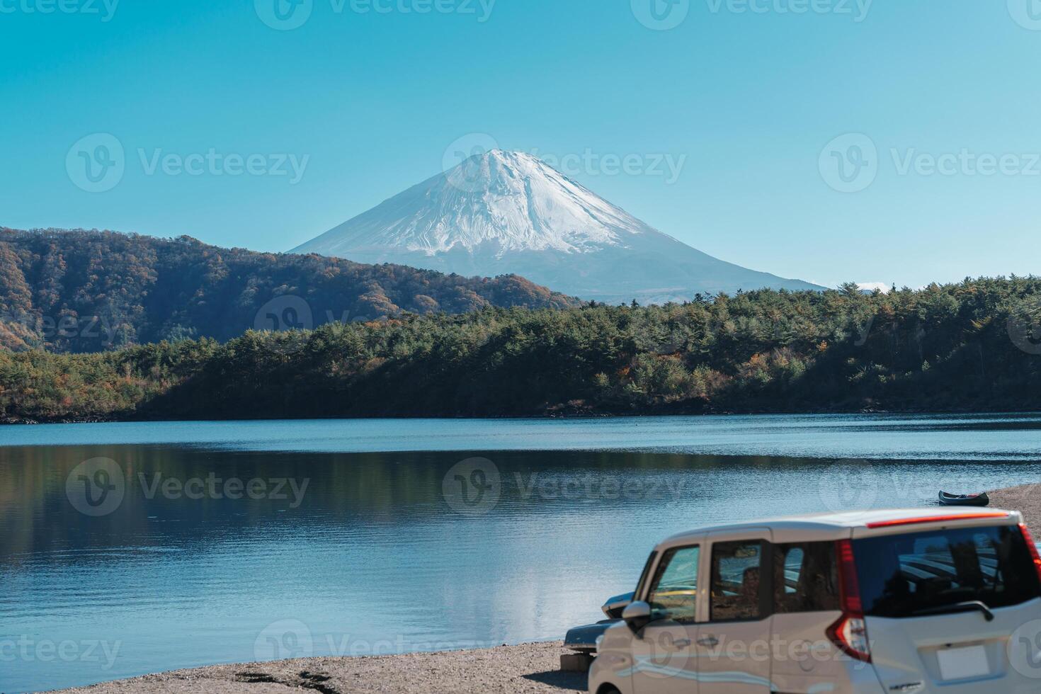 Mount Fuji at lake Saiko near Kawaguchiko, one of the Fuji Five Lakes located in Yamanashi, Japan. Landmark for tourists attraction. Japan Travel, Destination, Vacation and Mount Fuji Day concept photo