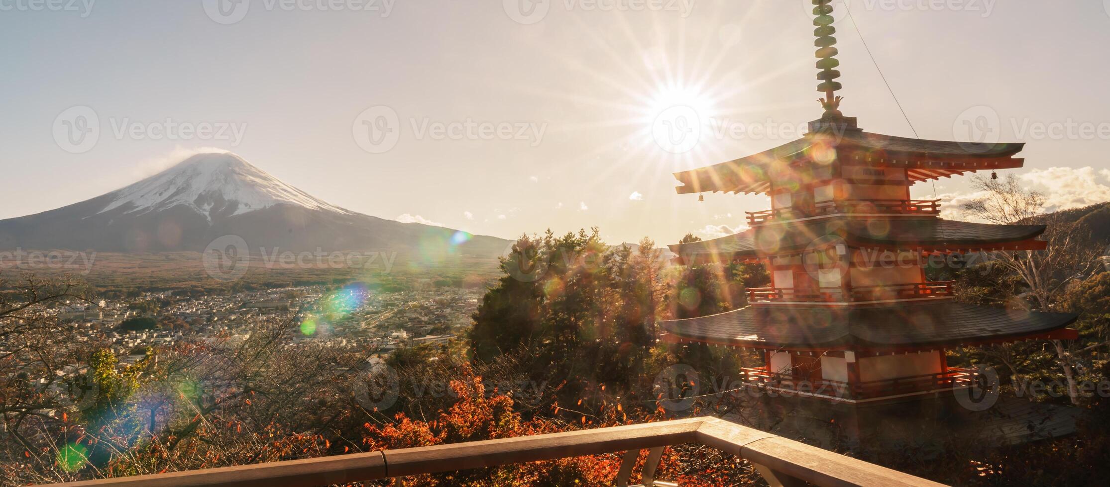 Mount Fuji view at Chureito Pagoda in Autumn season, Mt Fujisan in Arakurayama Sengen Park, Yamanashi, Japan. Landmark for tourists attraction. Japan Travel, Destination, Vacation and Mount Fuji Day photo