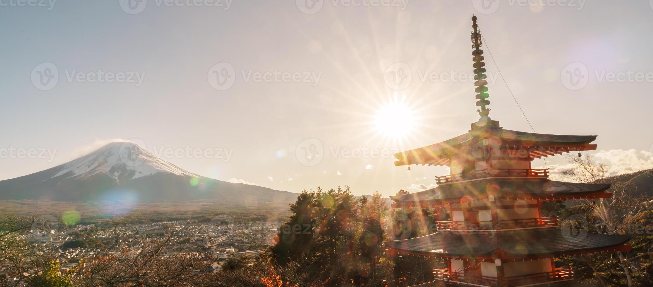 Mount Fuji view at Chureito Pagoda in Autumn season, Mt Fujisan in Arakurayama Sengen Park, Yamanashi, Japan. Landmark for tourists attraction. Japan Travel, Destination, Vacation and Mount Fuji Day photo