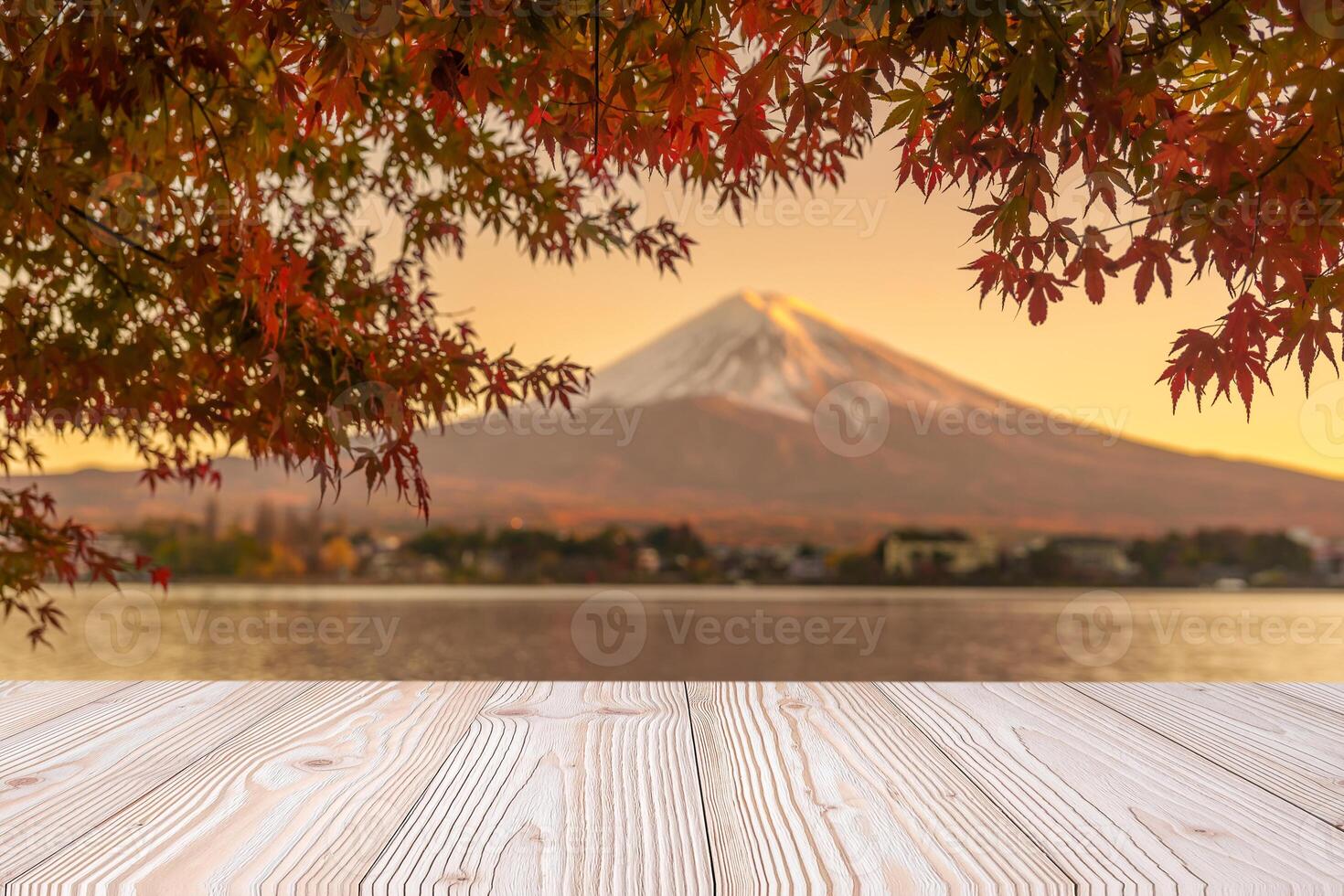 Empty wood table mockup with Mount Fuji view at Kawaguchiko lake background and copy space for text, Mock up for your product display and montage in autumn season. Japan travel and vacation concept photo