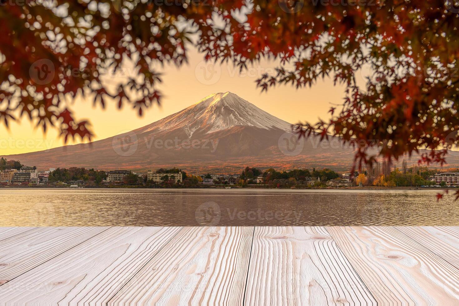 Empty wood table mockup with Mount Fuji view at Kawaguchiko lake background and copy space for text, Mock up for your product display and montage in autumn season. Japan travel and vacation concept photo