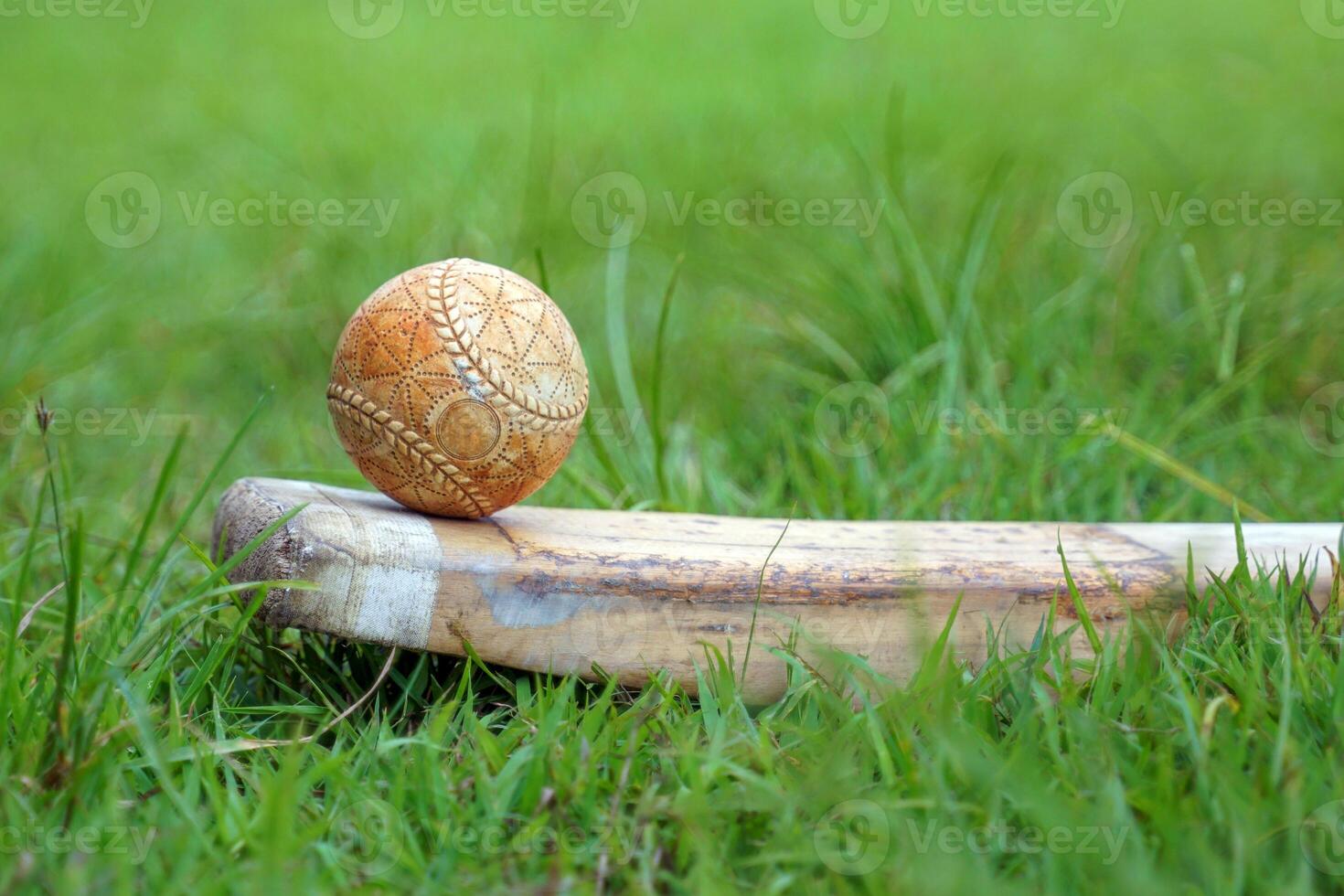 Cricket ball and cricket bat placed on glass floor with grass background. Soft and selective focus photo