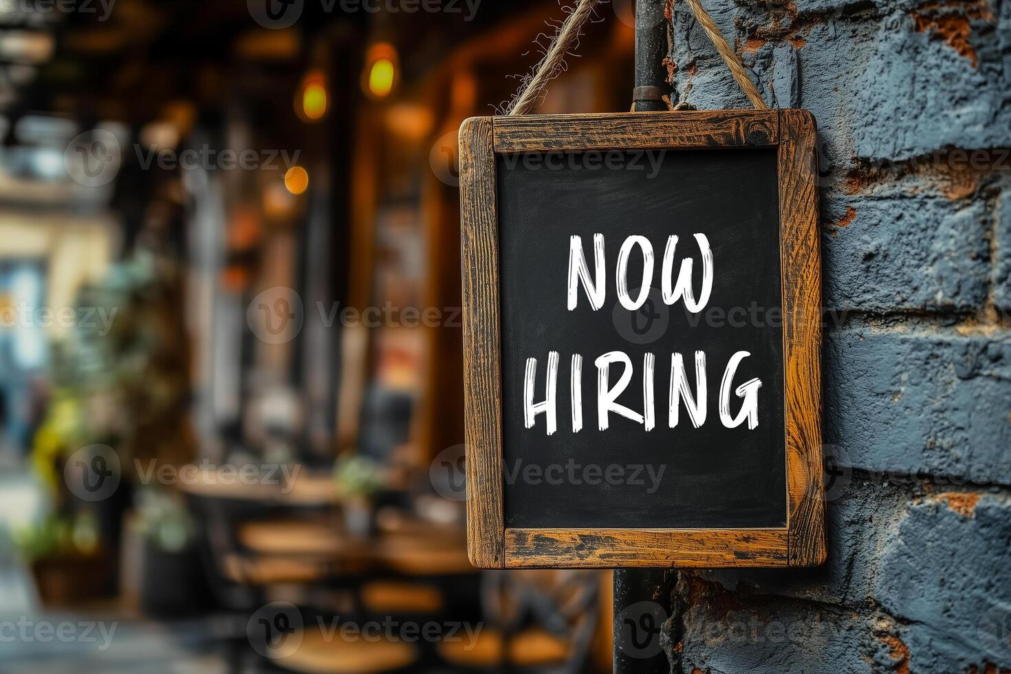 Now hiring message written on blackboard hanging on a wall. Conceptual now hiring symbol. Copy space. photo