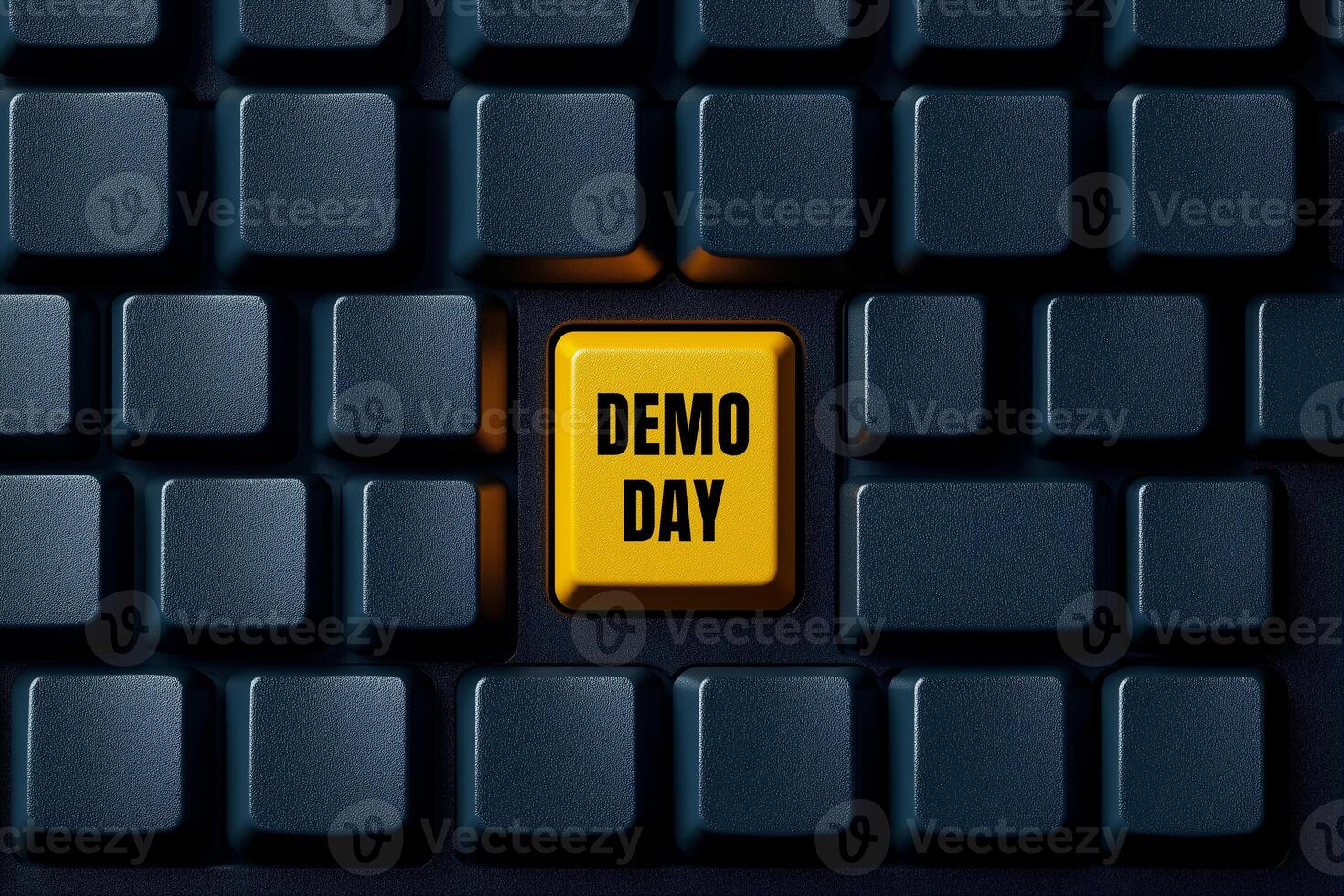 Demo day text written on yellow button on black keyboard. Conceptual demo day symbol. Copy space. photo