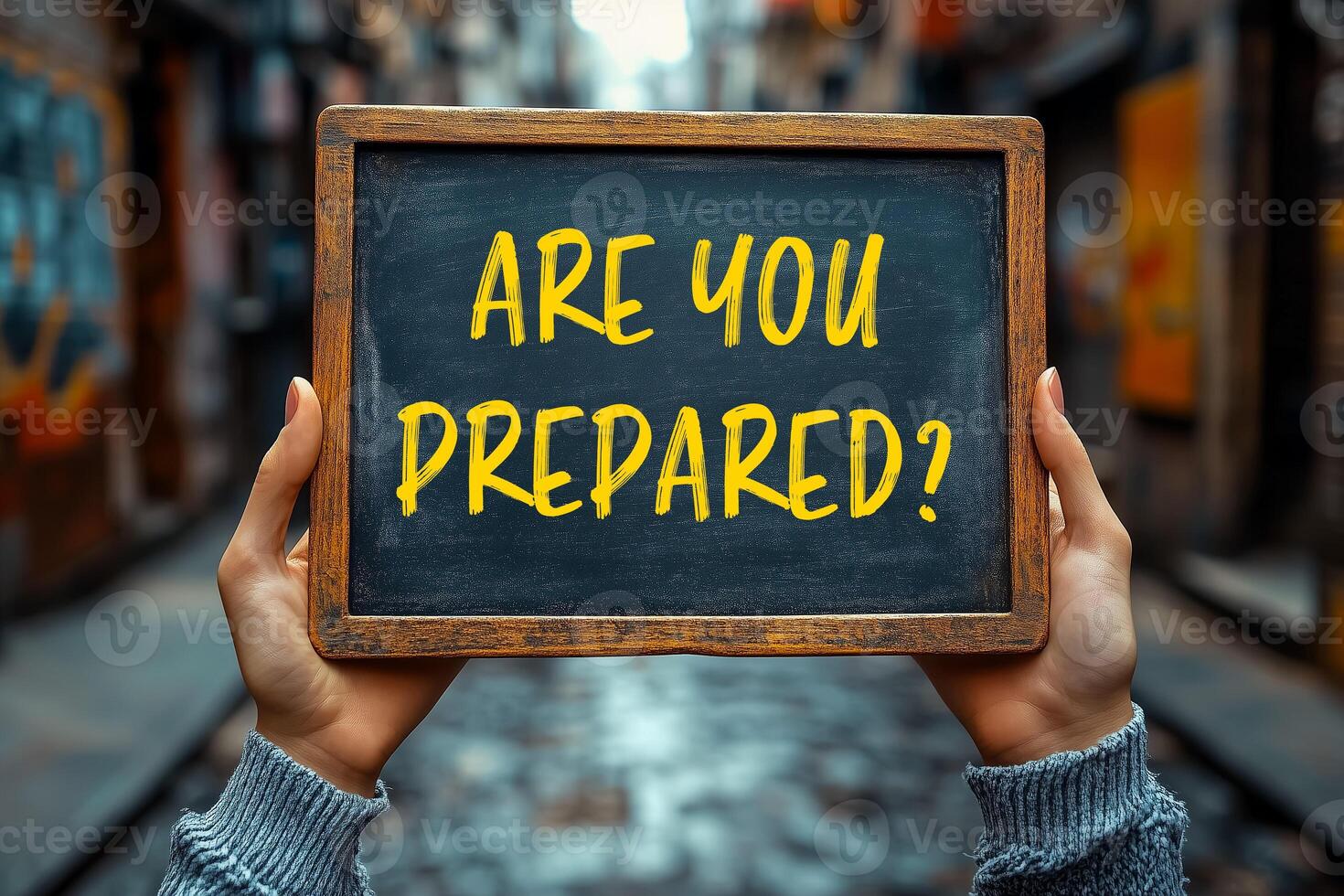 Are you prepared question written on blackboard with blurry street background. Conceptual are you prepared question symbol. Copy space. photo