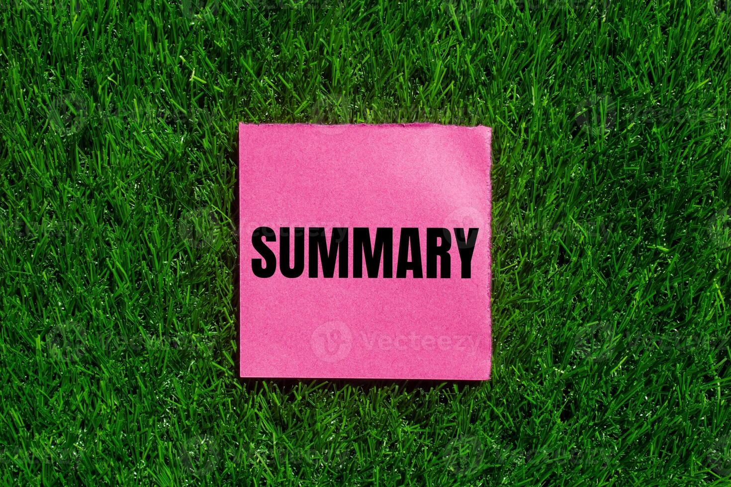 Summary message written on ripped torn pink paper with green grass background. Conceptual summary symbol. Copy space. photo