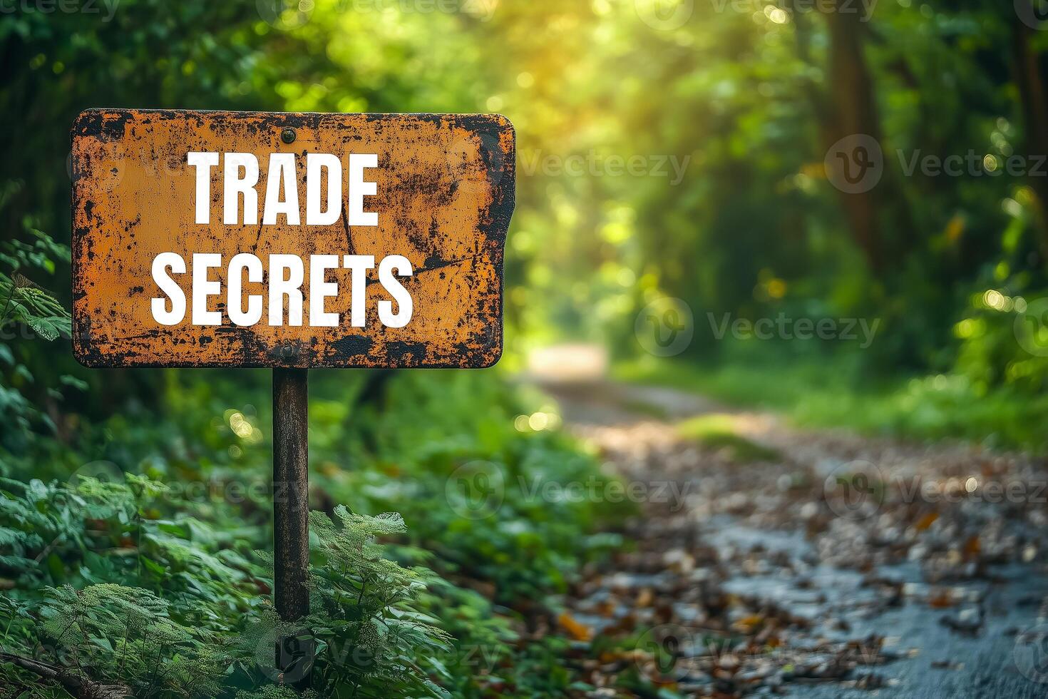 Trade secrets message written on metal sign with forest background. Conceptual trade secrets symbol. Copy space. photo