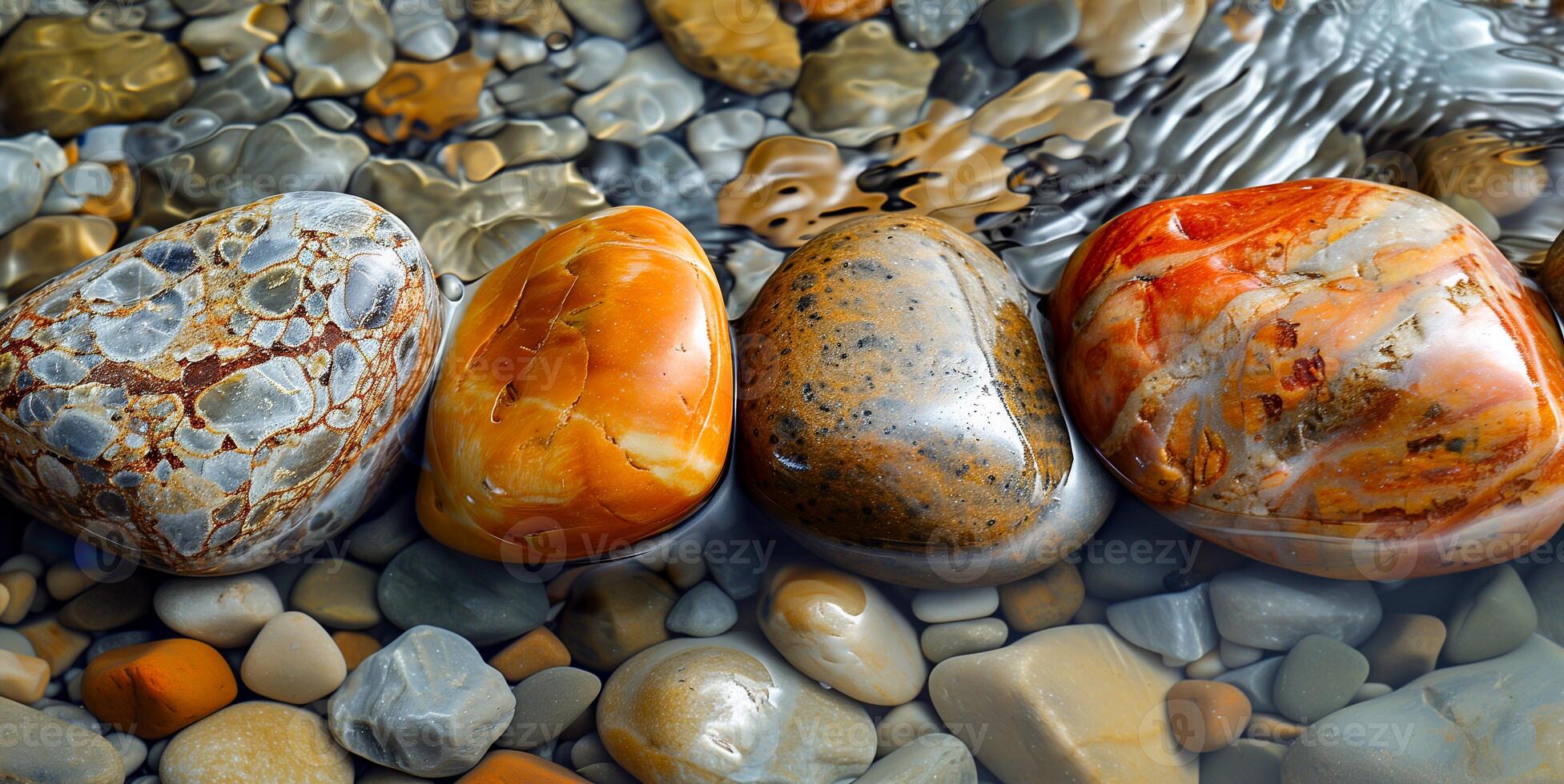 Colorful wet beach pebbles in closeup view photo