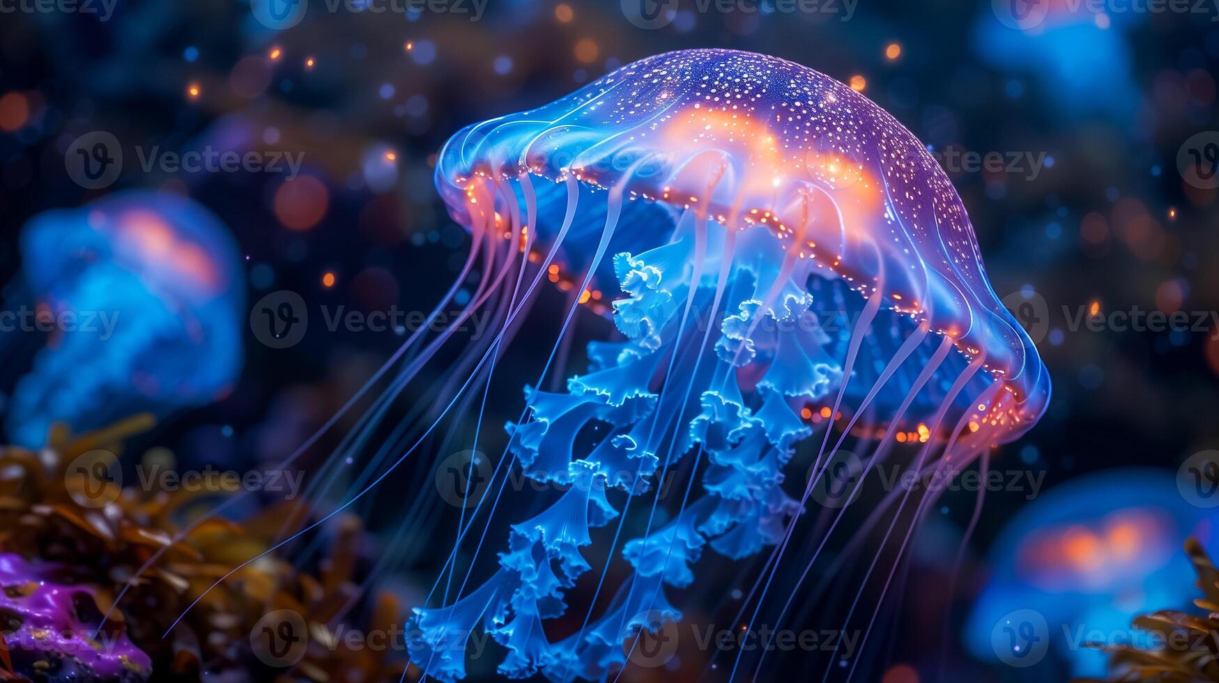Translucent jellyfish with bioluminescent glow, underwater wildlife photo