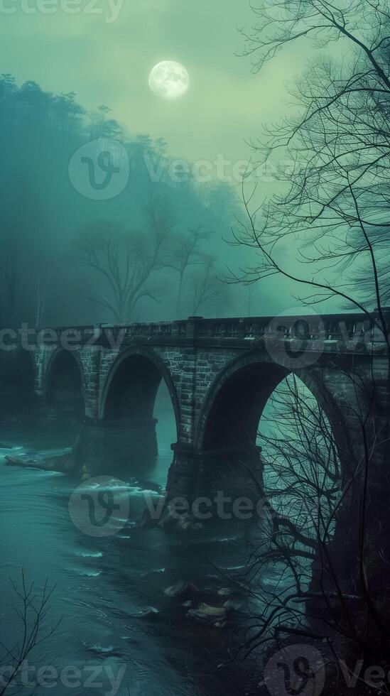 Haunted bridge over foggy river photo