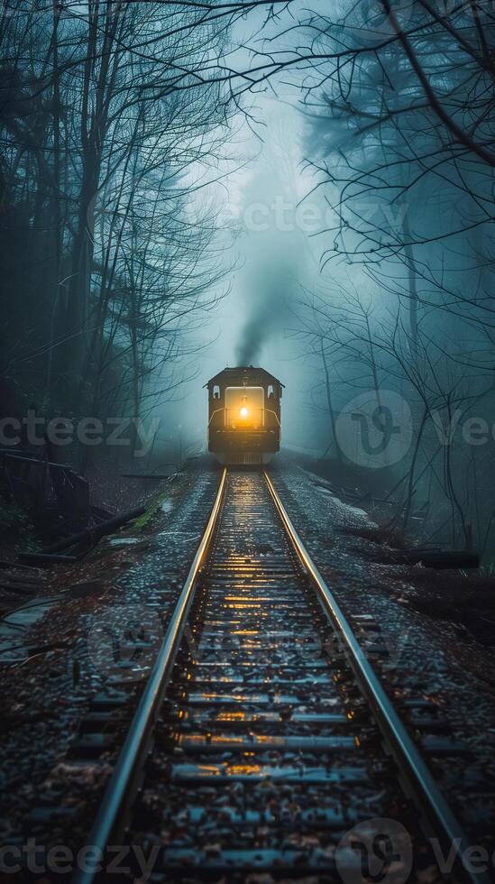 Ghostly train on abandoned tracks, halloween background photo