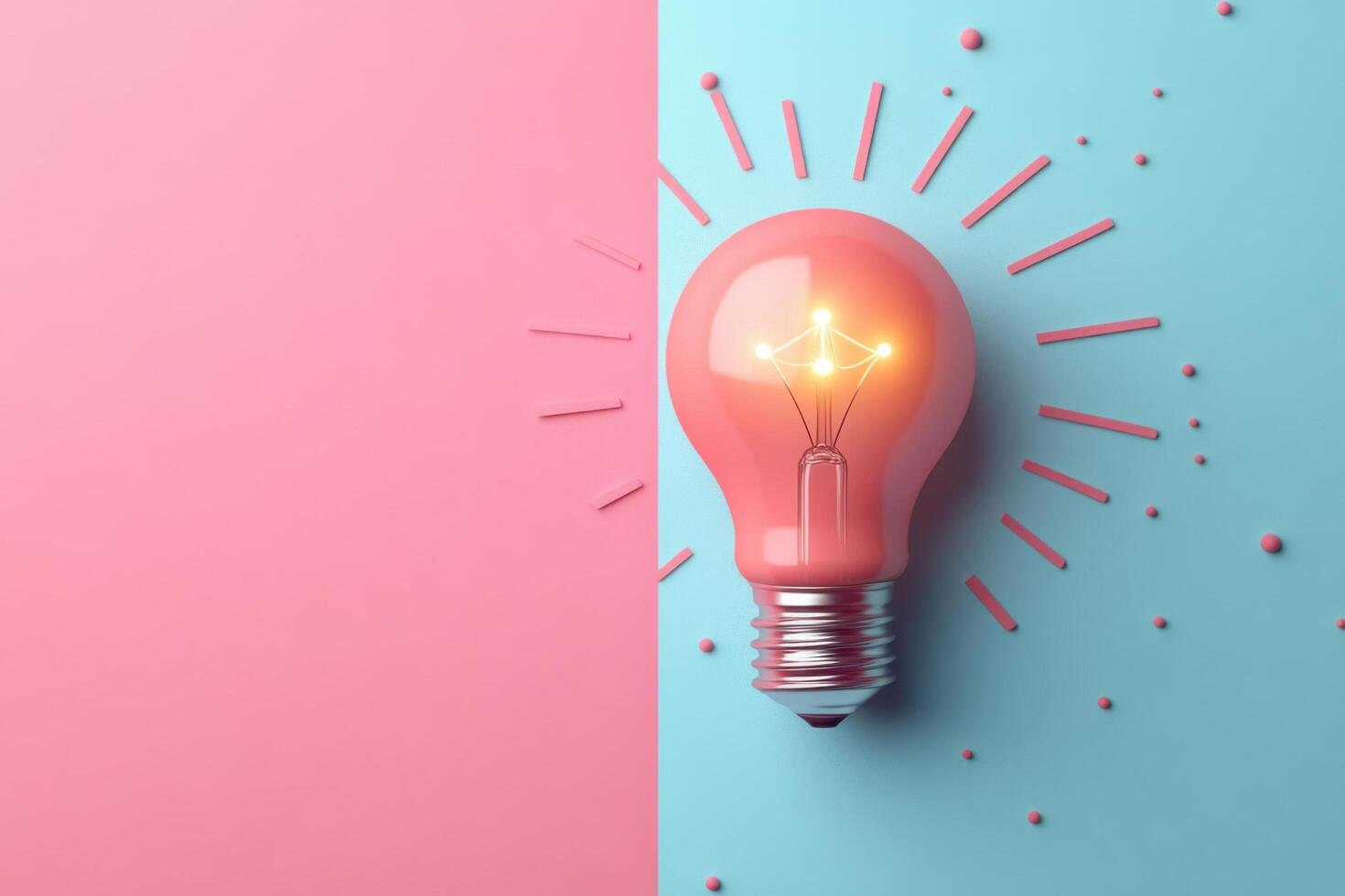 Creative Concept of a Light Bulb on a Split Pink and Blue Background with Radiating Lines photo