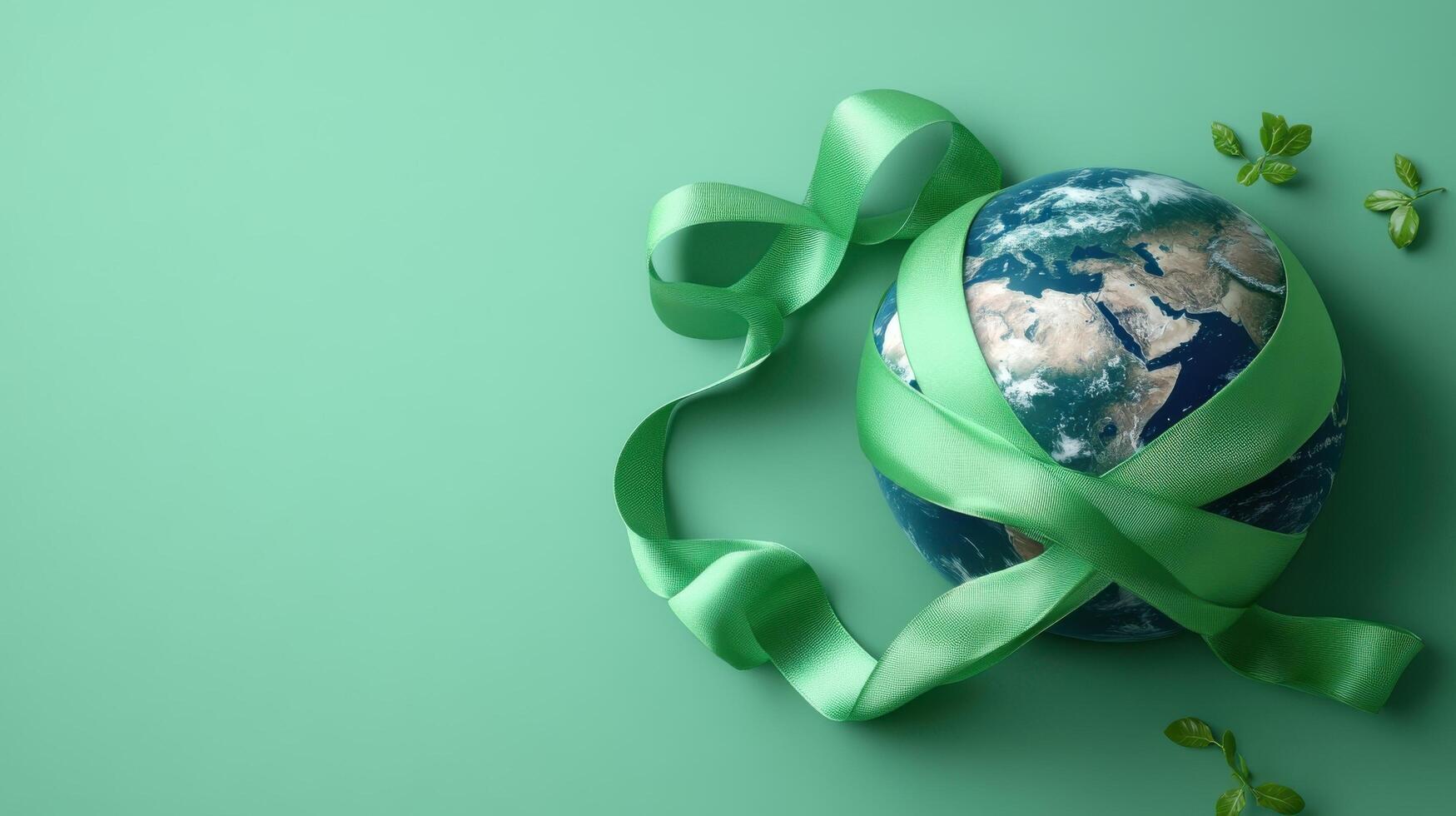 Earth Wrapped in Green Ribbon on Green Background Symbolizing Environmental Protection and Sustainability photo