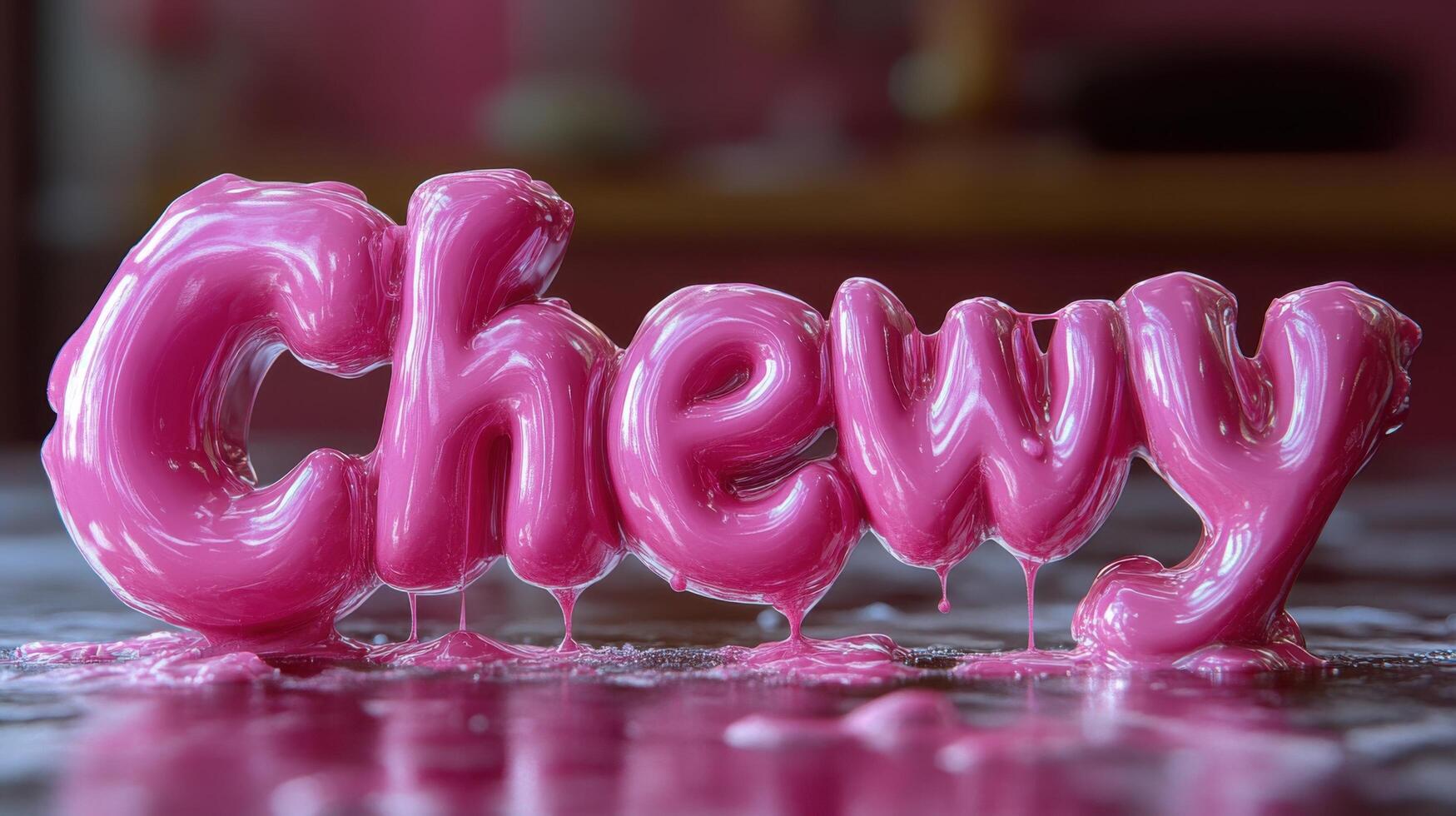 Bright Pink Chewy Text in Glossy 3D Style with Dripping Effect on Reflective Surface photo