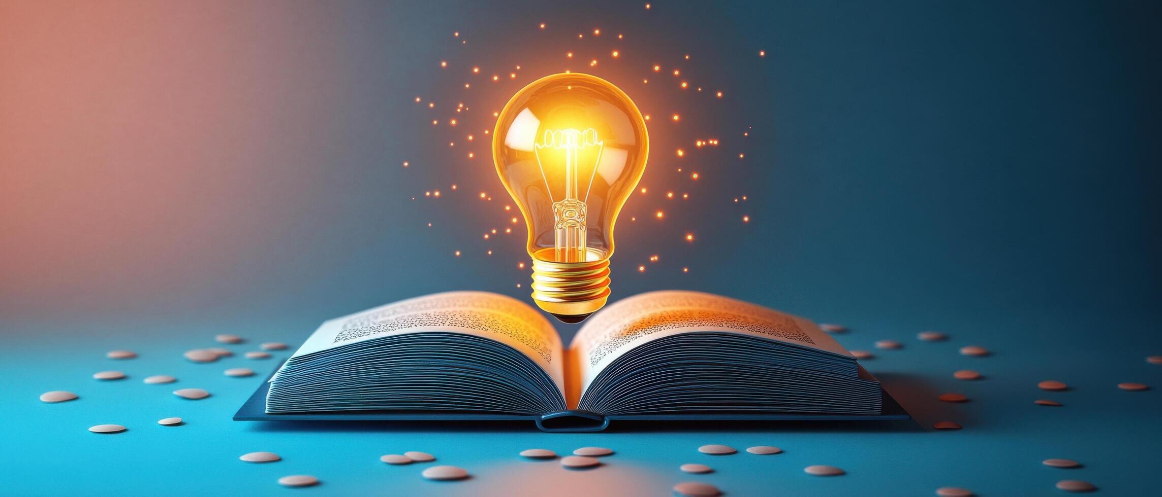 Glowing Light Bulb Hovering Over Open Book with Sparkling Particles on Blue Background photo