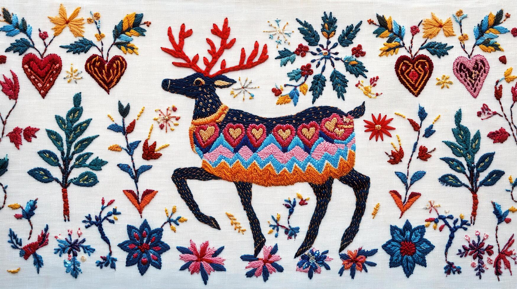 Vibrant Embroidered Deer with Floral and Heart Patterns on White Fabric Background photo