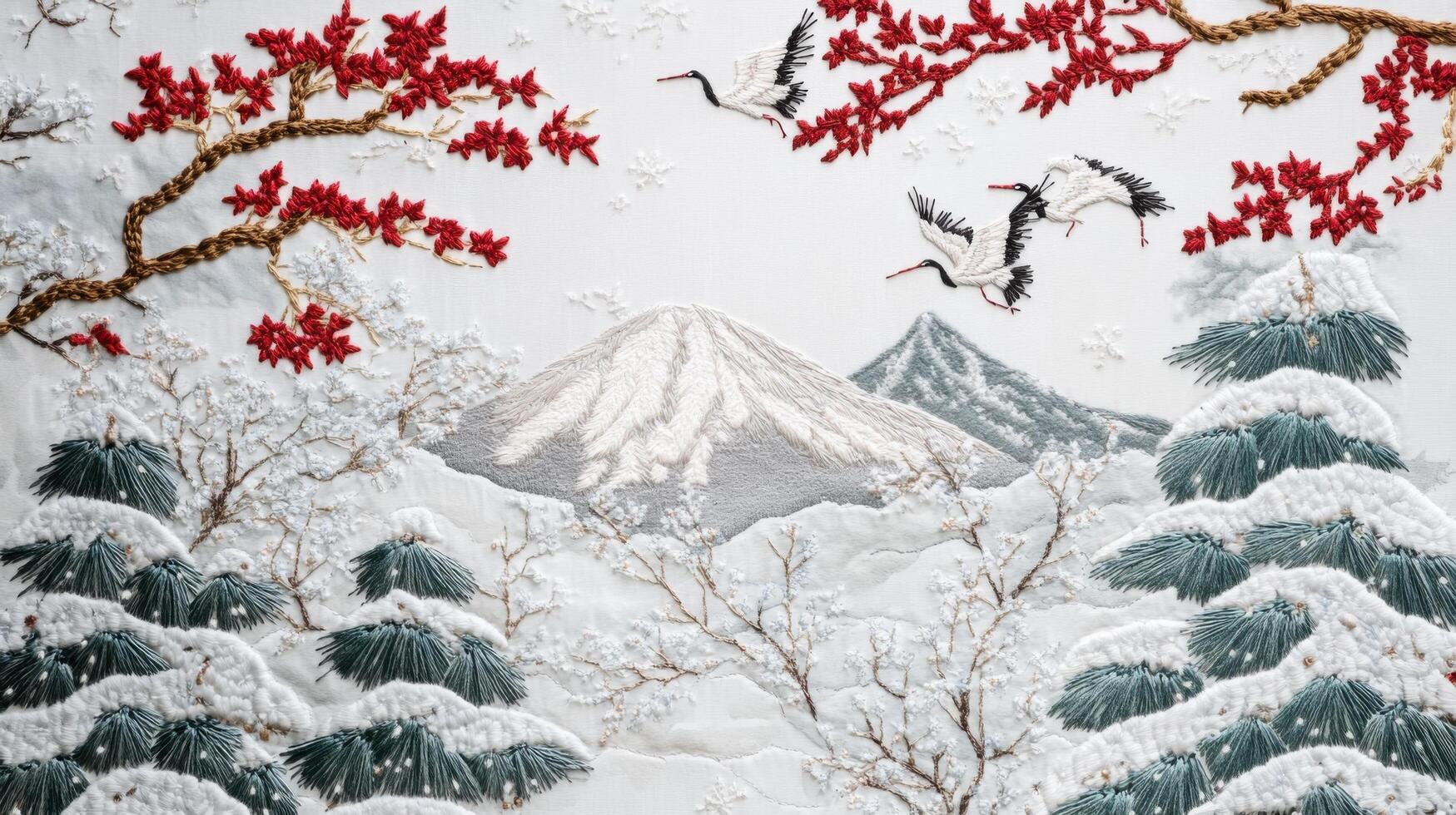 Intricate Embroidered Landscape with Cranes, Snow-Capped Mountains, and Pine Trees in Winter Scene photo