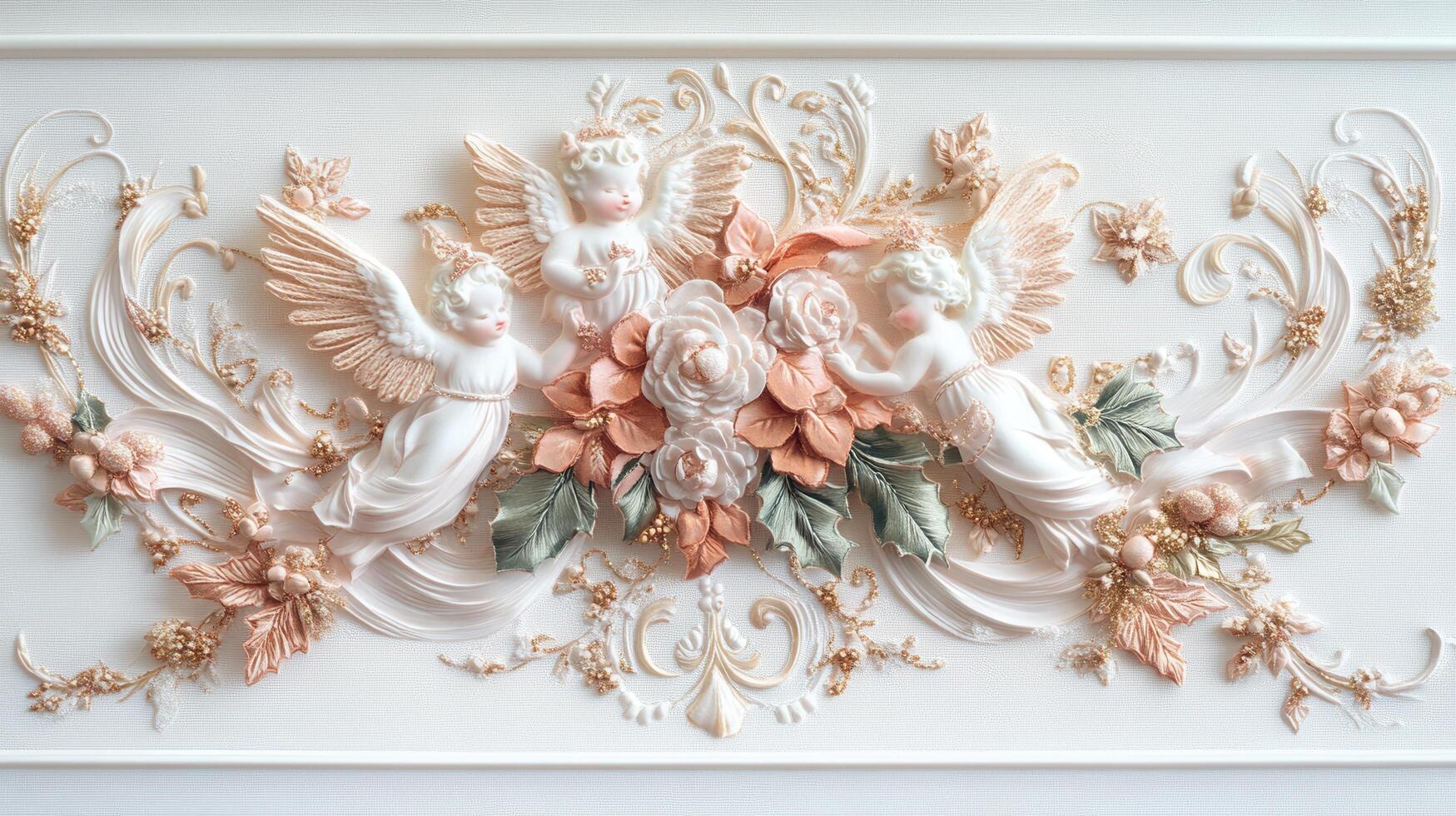 Elegant Baroque Style Wall Decor with Cherubs and Floral Motifs in Soft Pastel Colors photo