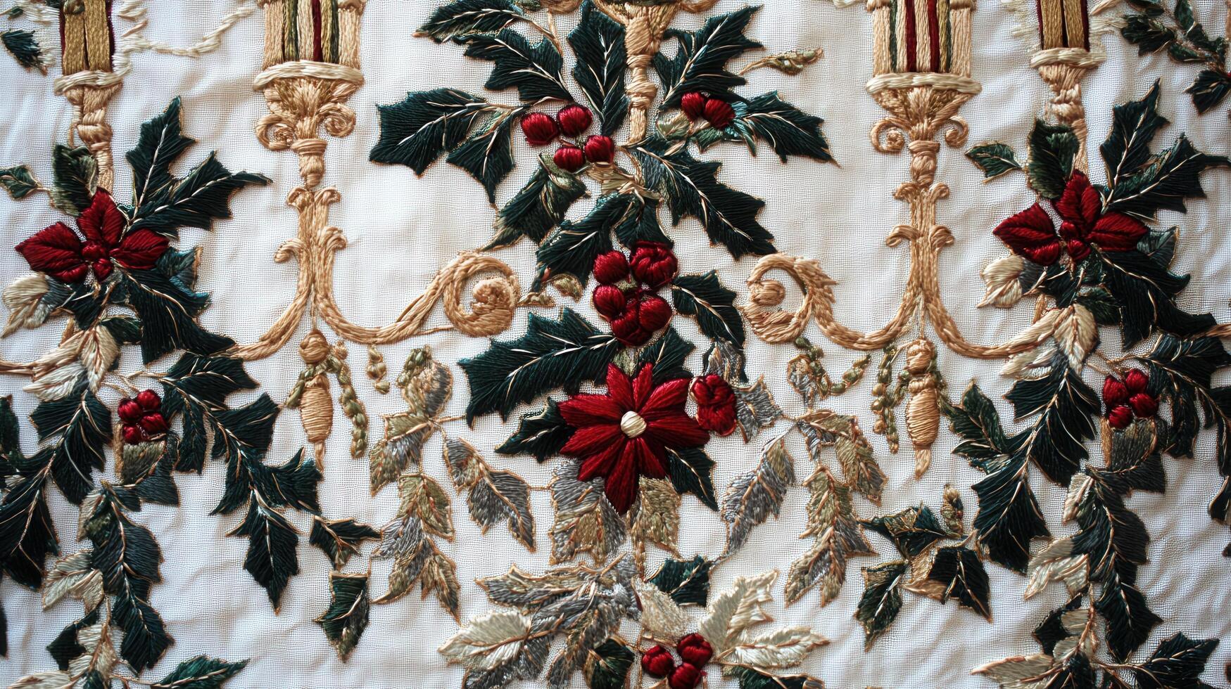 Intricate Embroidered Fabric with Festive Holly and Poinsettia Design in Red, Green, and Gold photo