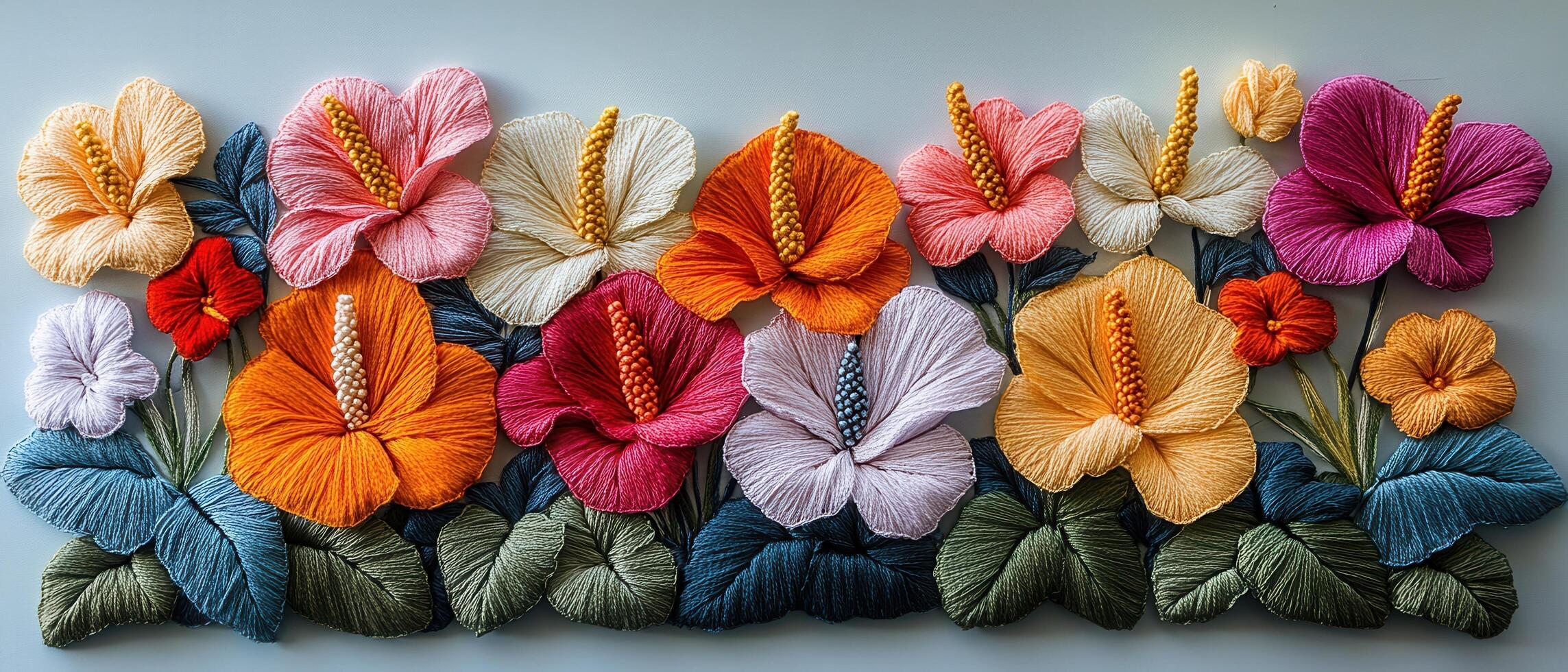 Colorful Embroidered Hibiscus Flowers on Fabric - Vibrant Textile Art with Detailed Floral Patterns and Leaf Designs photo