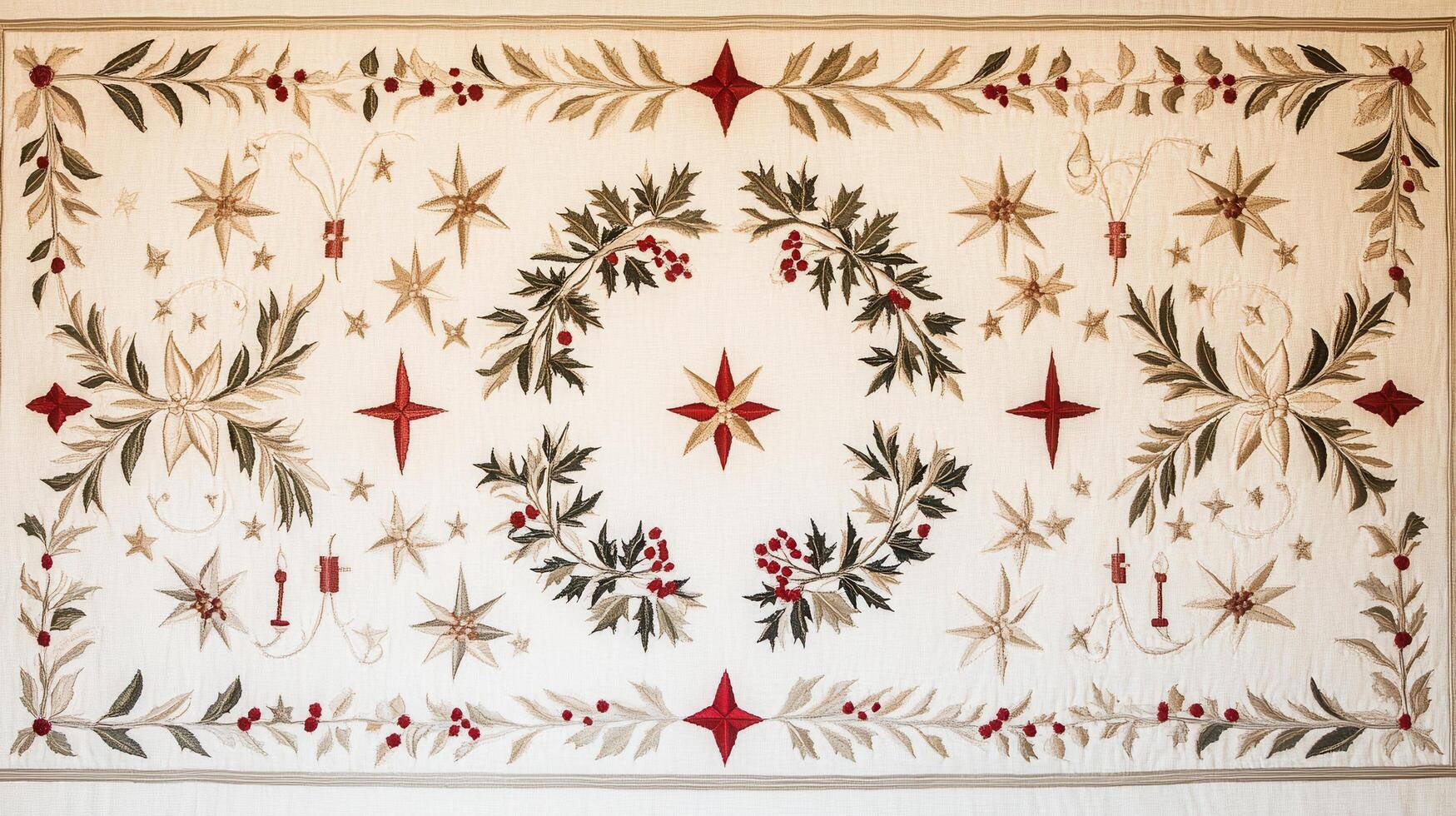 Intricate Handcrafted Quilt with Festive Star and Holly Design on Cream Background photo