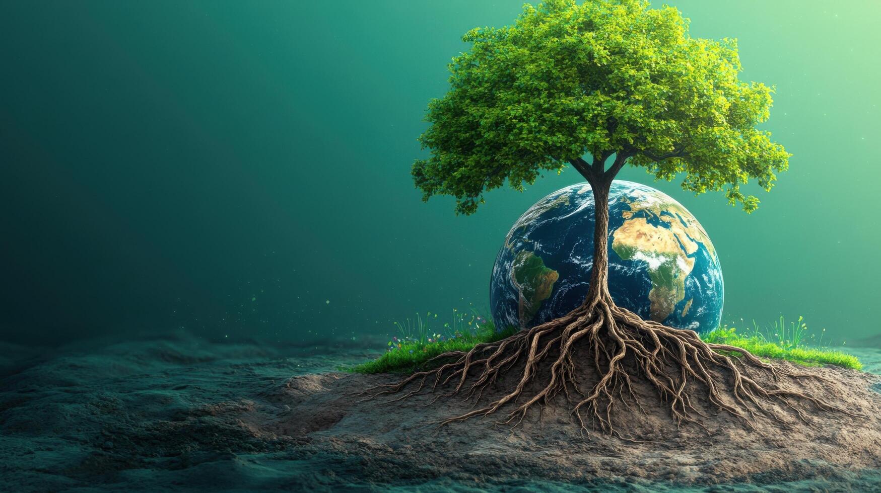 Earth with Tree and Roots Emerging from Soil, Symbolizing Environmental Conservation and Sustainability photo