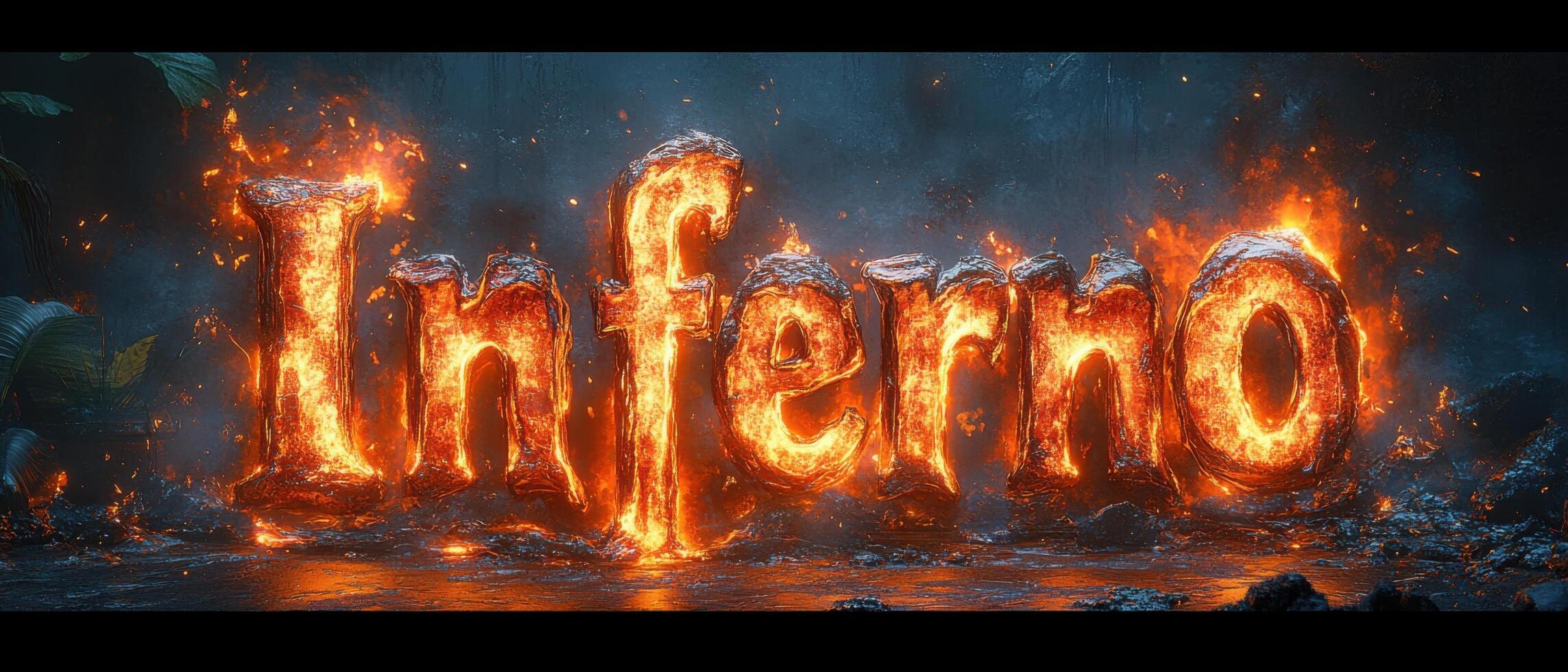 Fiery Inferno Text with Flames and Smoke in a Dark, Dramatic Background photo