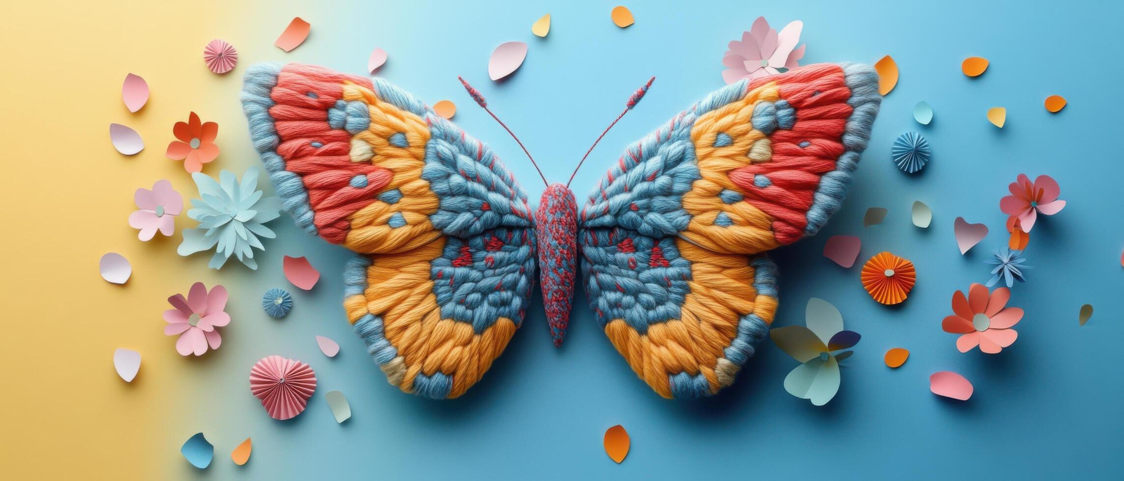 Colorful Yarn Butterfly with Paper Flowers on Gradient Background - Creative Art and Craft Concept photo