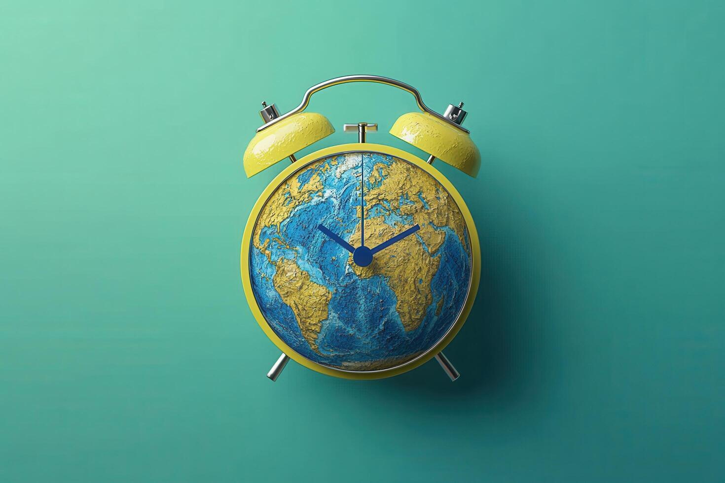 Creative Concept of a Vintage Alarm Clock with a World Map Design on a Green Background photo