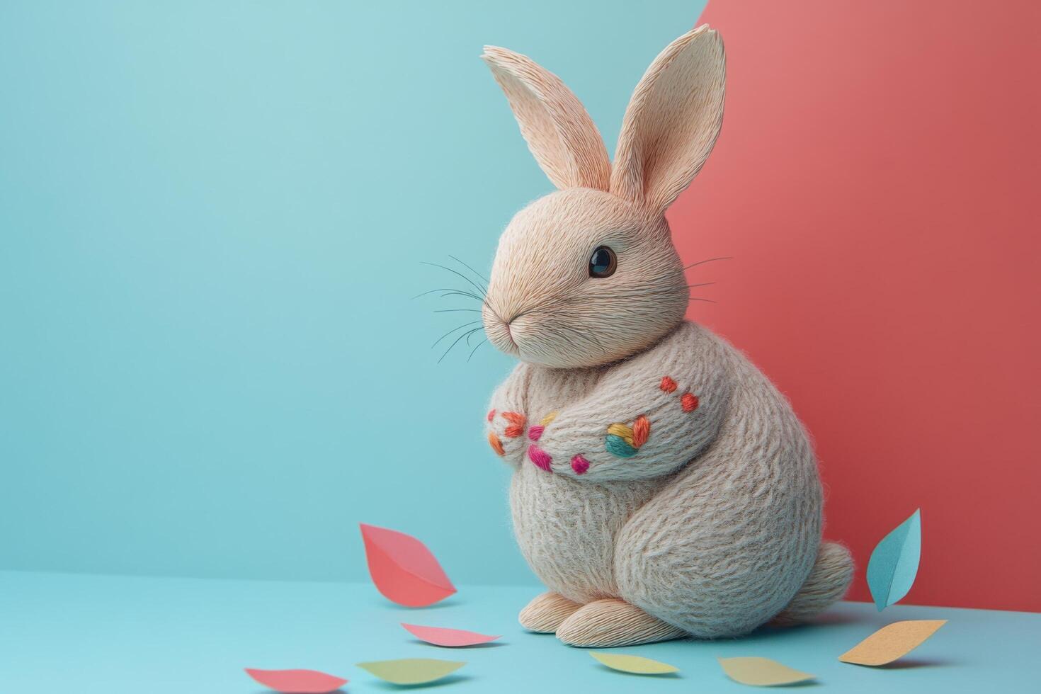 Adorable Handmade Yarn Bunny with Colorful Decorations on a Vibrant Background photo