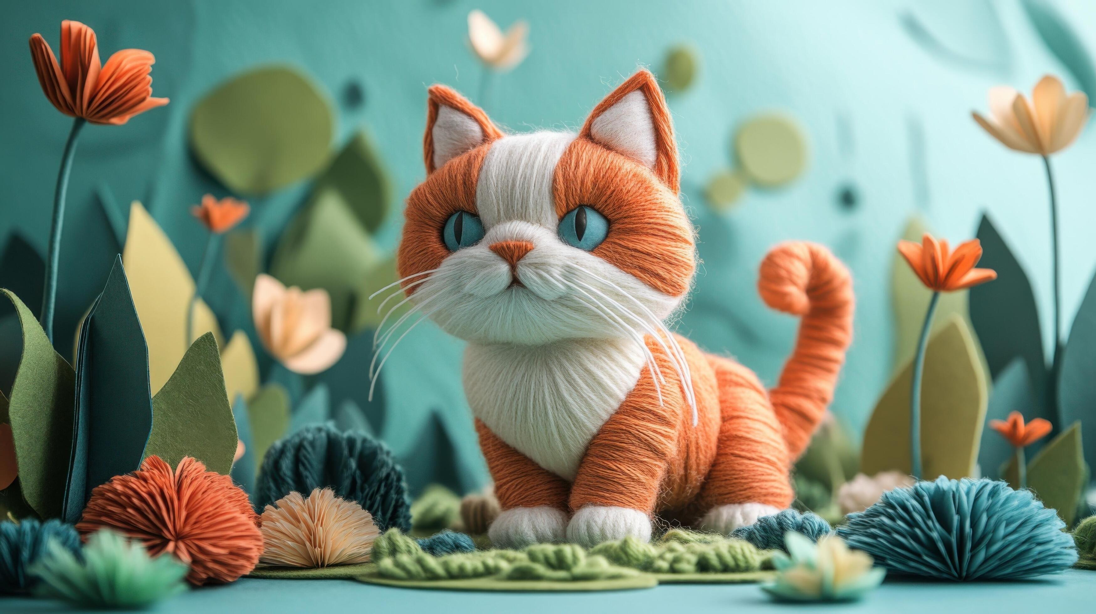 Adorable Yarn Cat in a Colorful Felt Flower Garden Whimsical Handmade