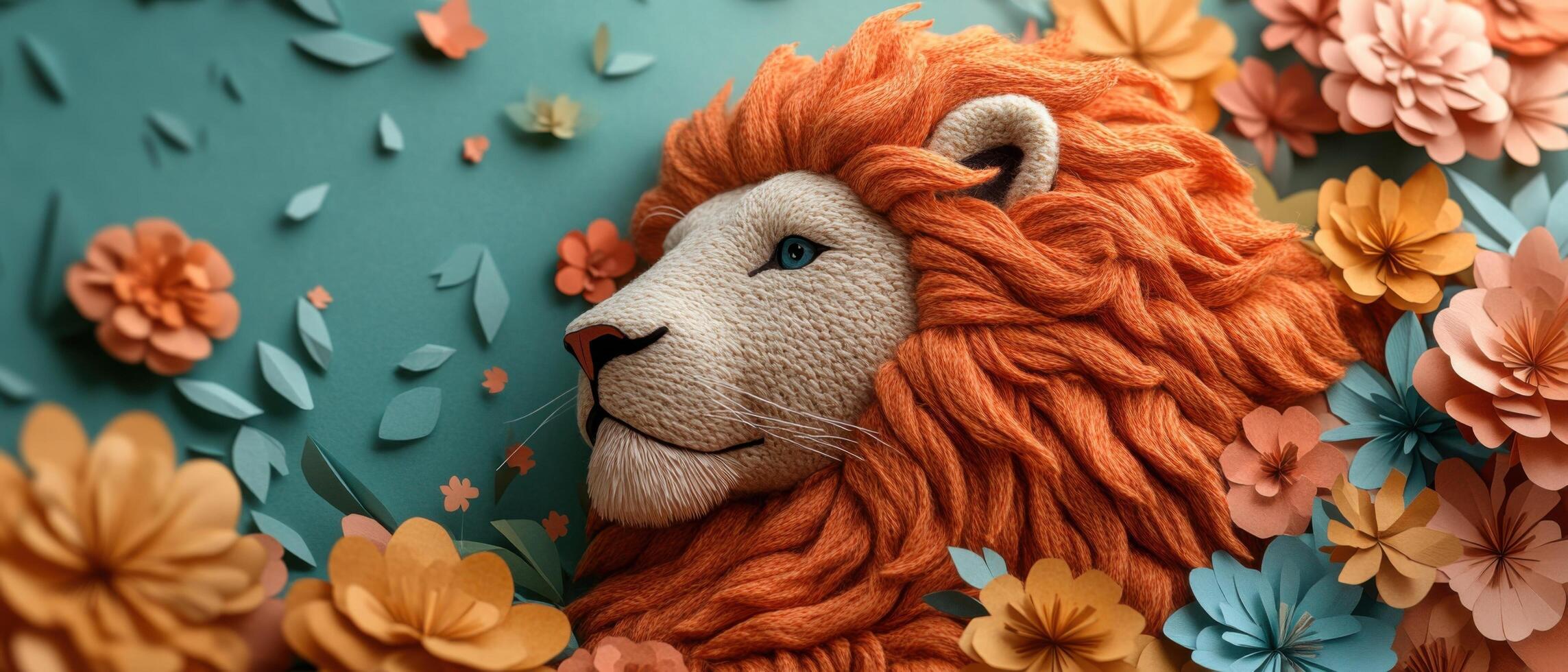 Vibrant Paper Art Lion with Lush Mane Surrounded by Colorful Flowers on a Teal Background photo