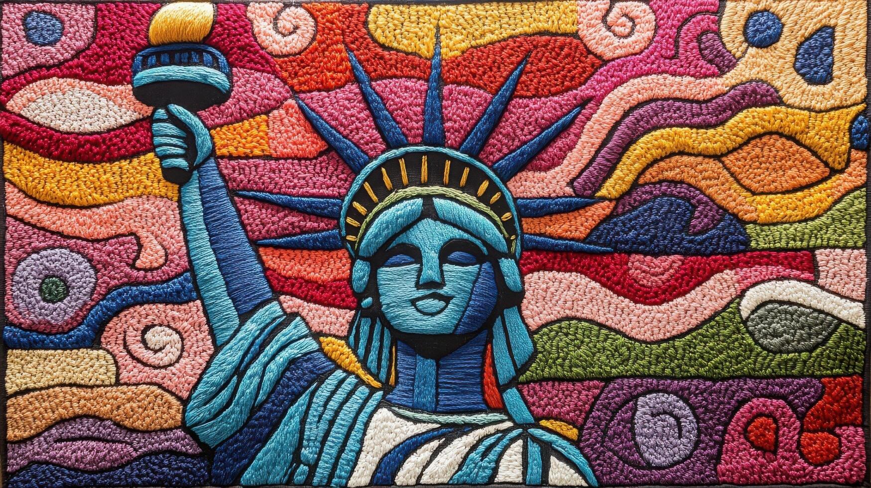 Colorful Embroidered Artwork of the Statue of Liberty with Vibrant Abstract Background photo